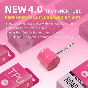 4-Pack CYCLAMI TPU Inner Tube 700C, Ultralight 30g Road Bike Tube Compatible with 700x18/23/25/28/30/32C Metal Presta Valve 45mm -TPU Road Bicycle Tire 28'' (with a Multi-Functional Tire Pry Bar)