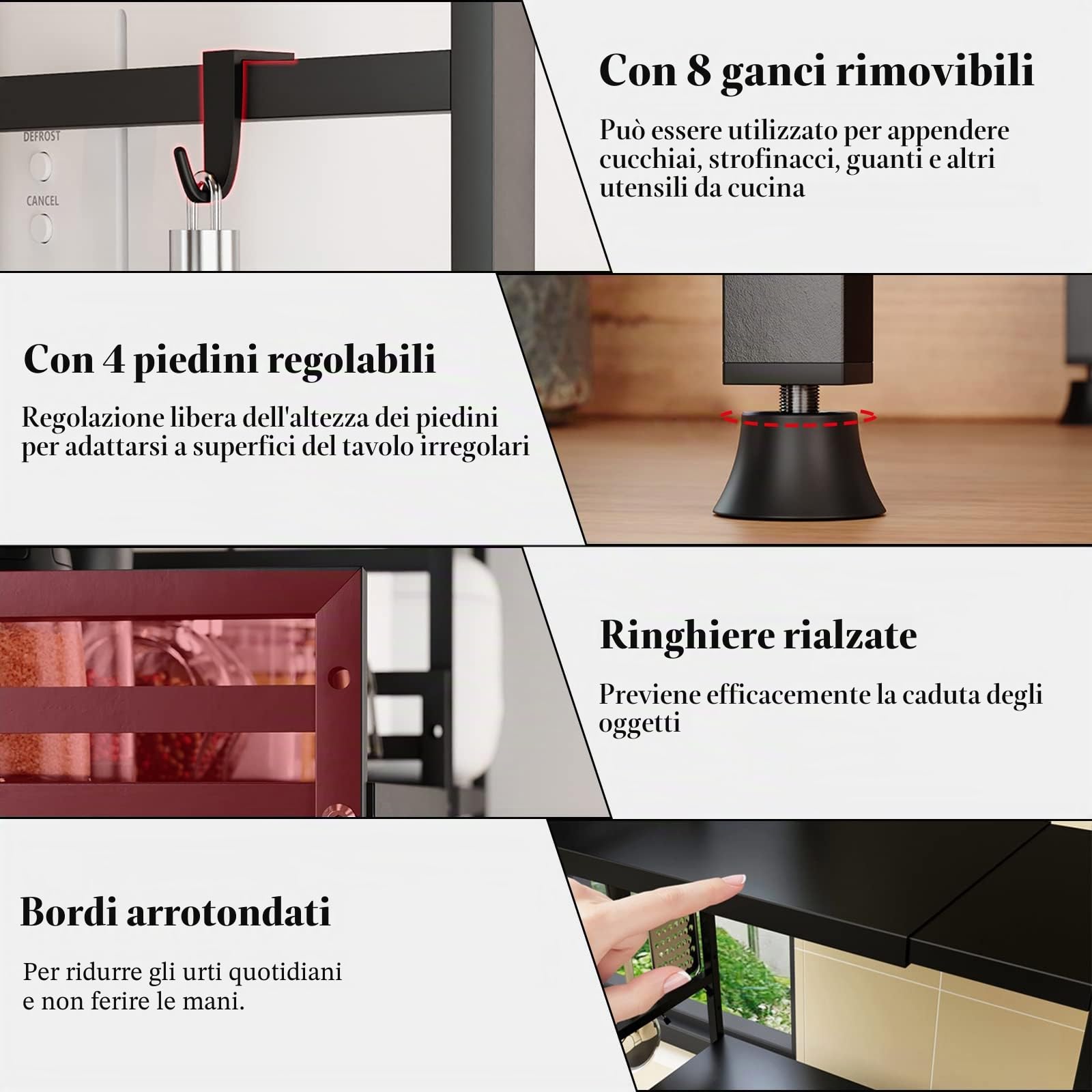 UISEBRT Mensola Microonde Estensibile con 8 Ganci, 3 Livelli Supporto Allungabile per microonde, Scaffale da Cucina Organizzatore, Nero
