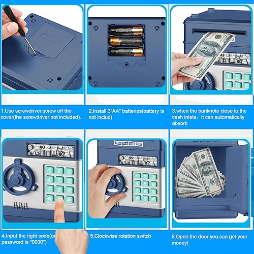 Miniatura 6 de Adevena Alcancía electrónica, mini cajero automático con contraseña, banco de dinero en efectivo, caja de ahorro para niños, caja de banco segura de