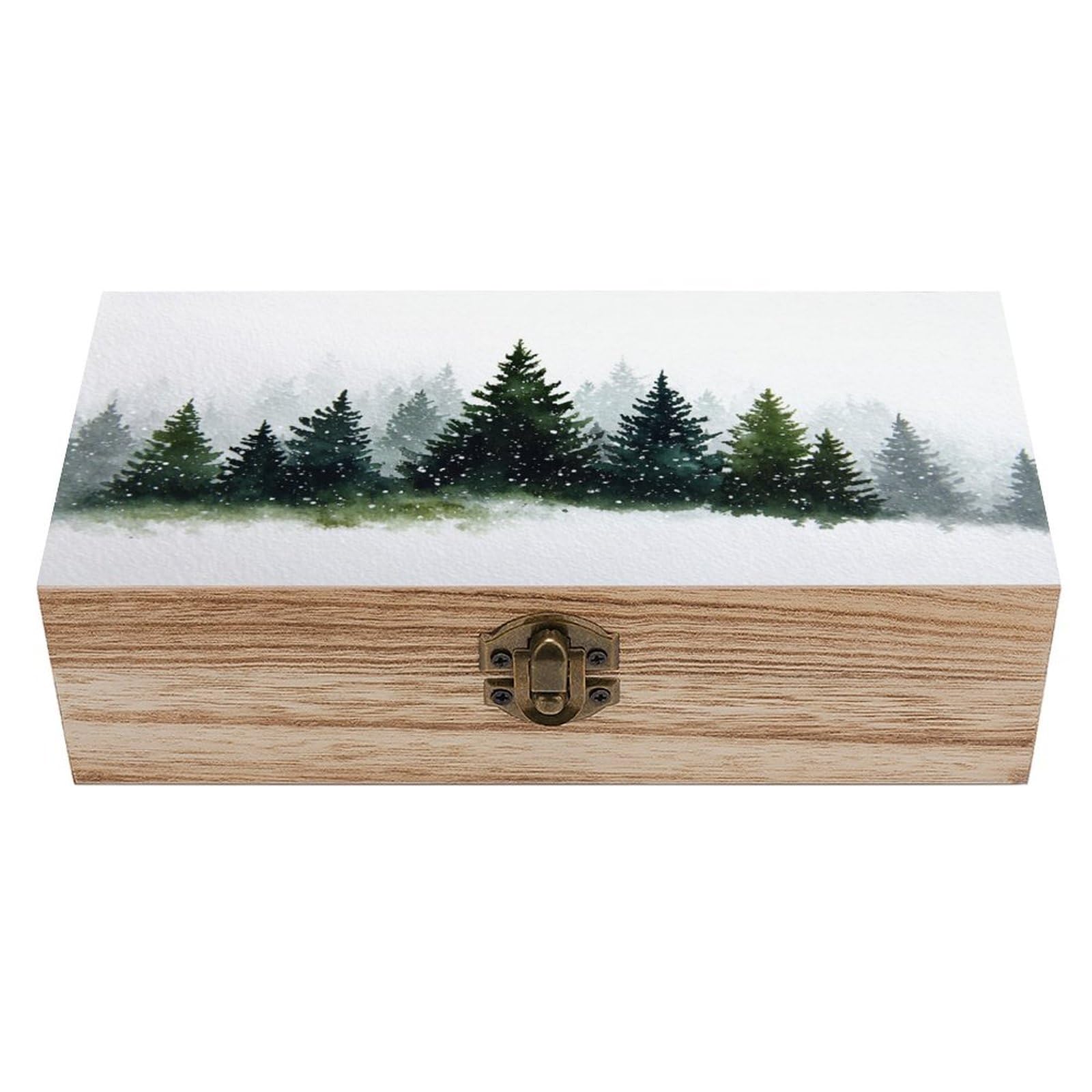 Watercolor Pine Snow Falling And Foggy Wooden Storage Box with Hinged Lid