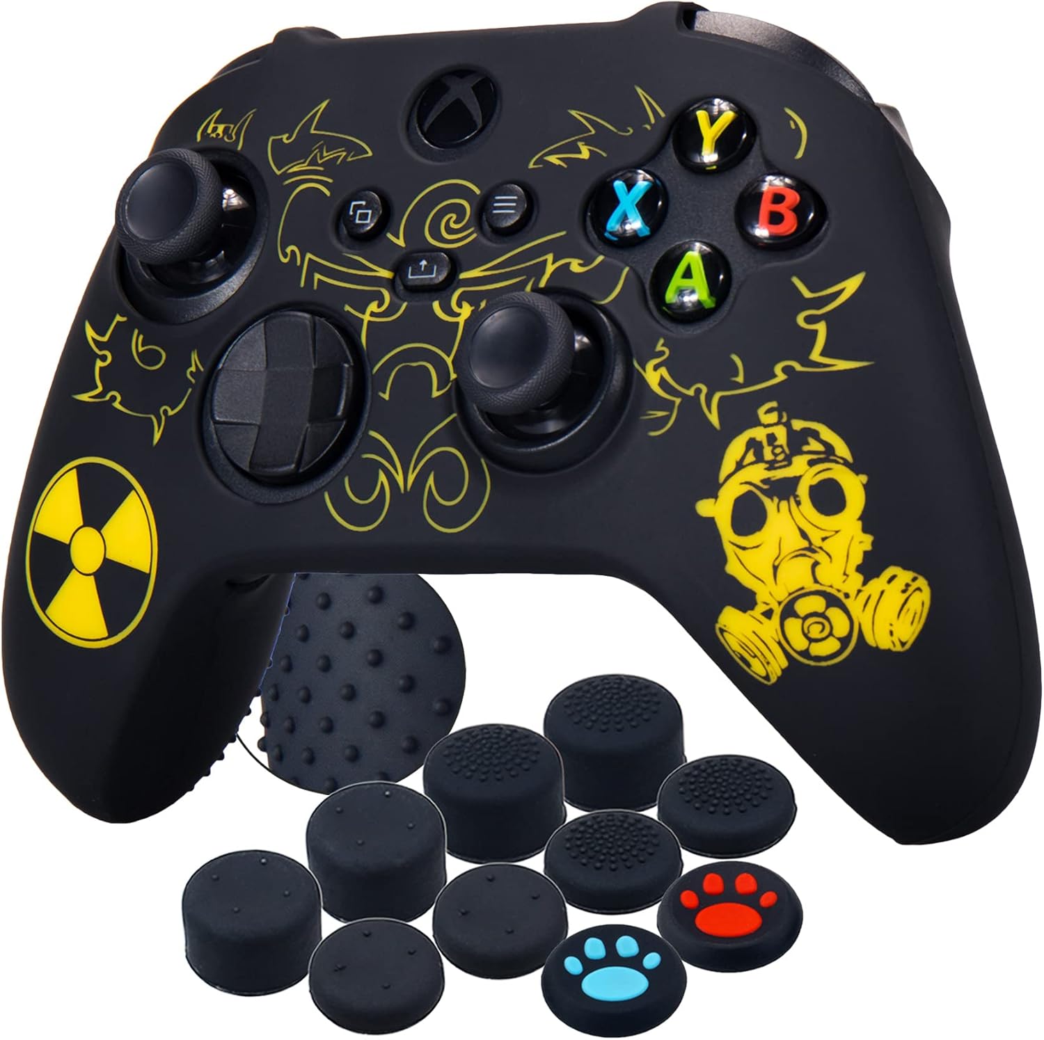 Silicone Rubber Back Dots Carving Customizing Skin Cover for Xbox Series X/S Controller x 1(Radiation Yellow) with Pro Thumb Grips x 10