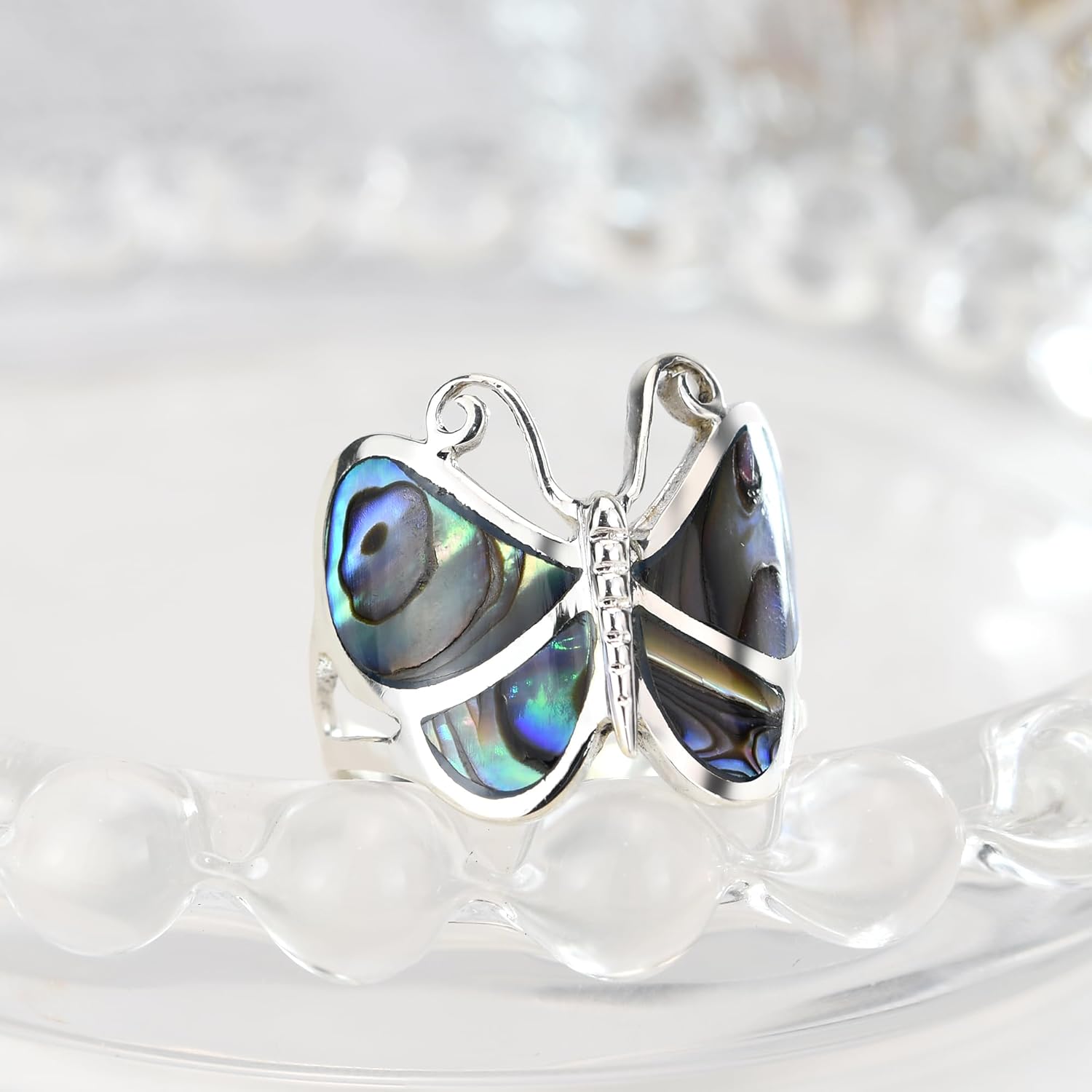 AeraVida Captivating Butterfly Motif Rainbow Abalone Statement .925 Sterling Silver Ring | Cute Wedding Rings For Women | Casual Comfort Fit Silver Rings for Women | Gift for Daughter | Sterling Silver Rings Sizes (6-14)