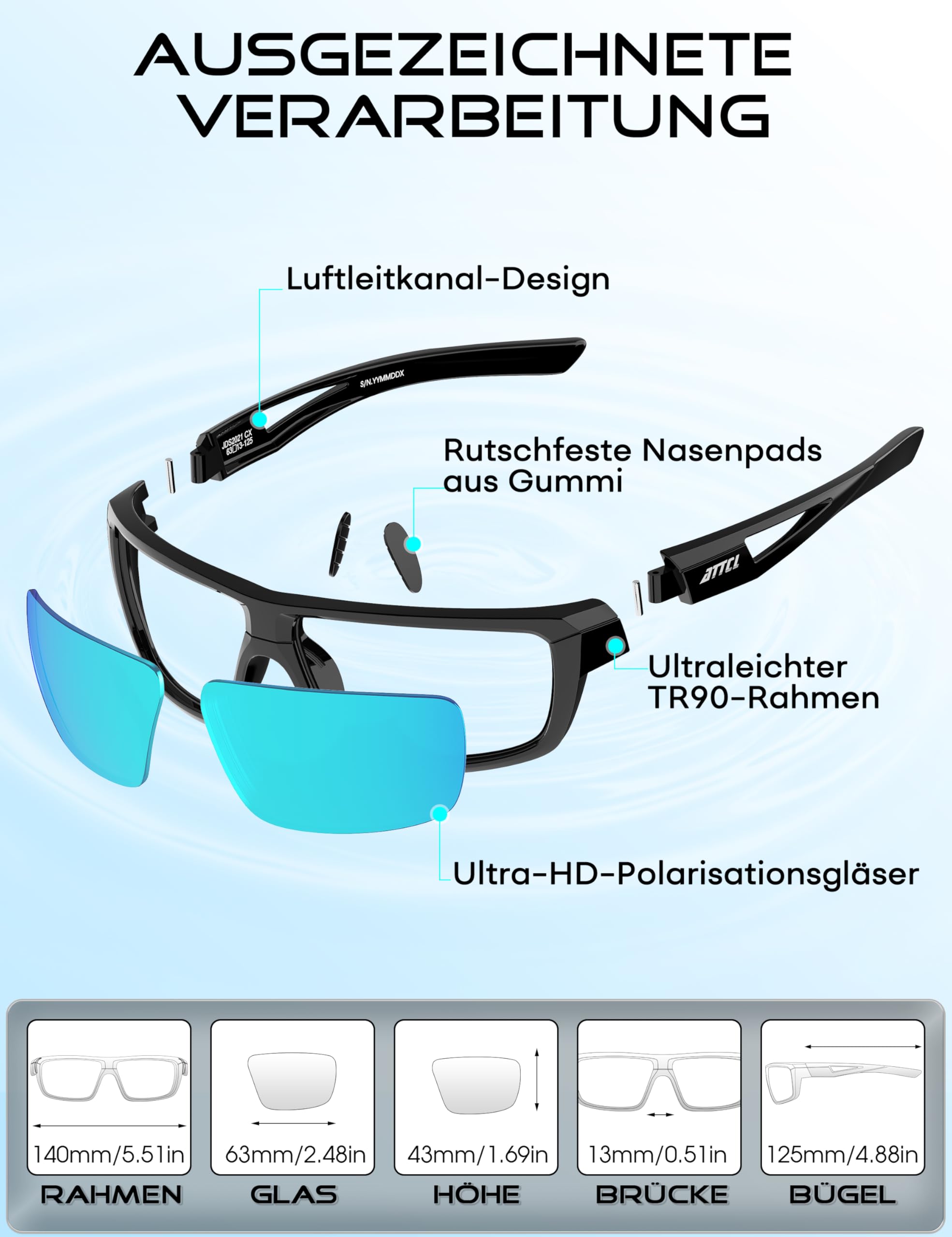ATTCL Sonnenbrille Herren Polarisiert Sport UV400 TR90 Wrap-Around Leicht | HD TAC Linse, Blendschutz, Rutschfeste Tempel und Nasenpolster, Radfahren, Autofahren, Angeln, Golf, Cat 3