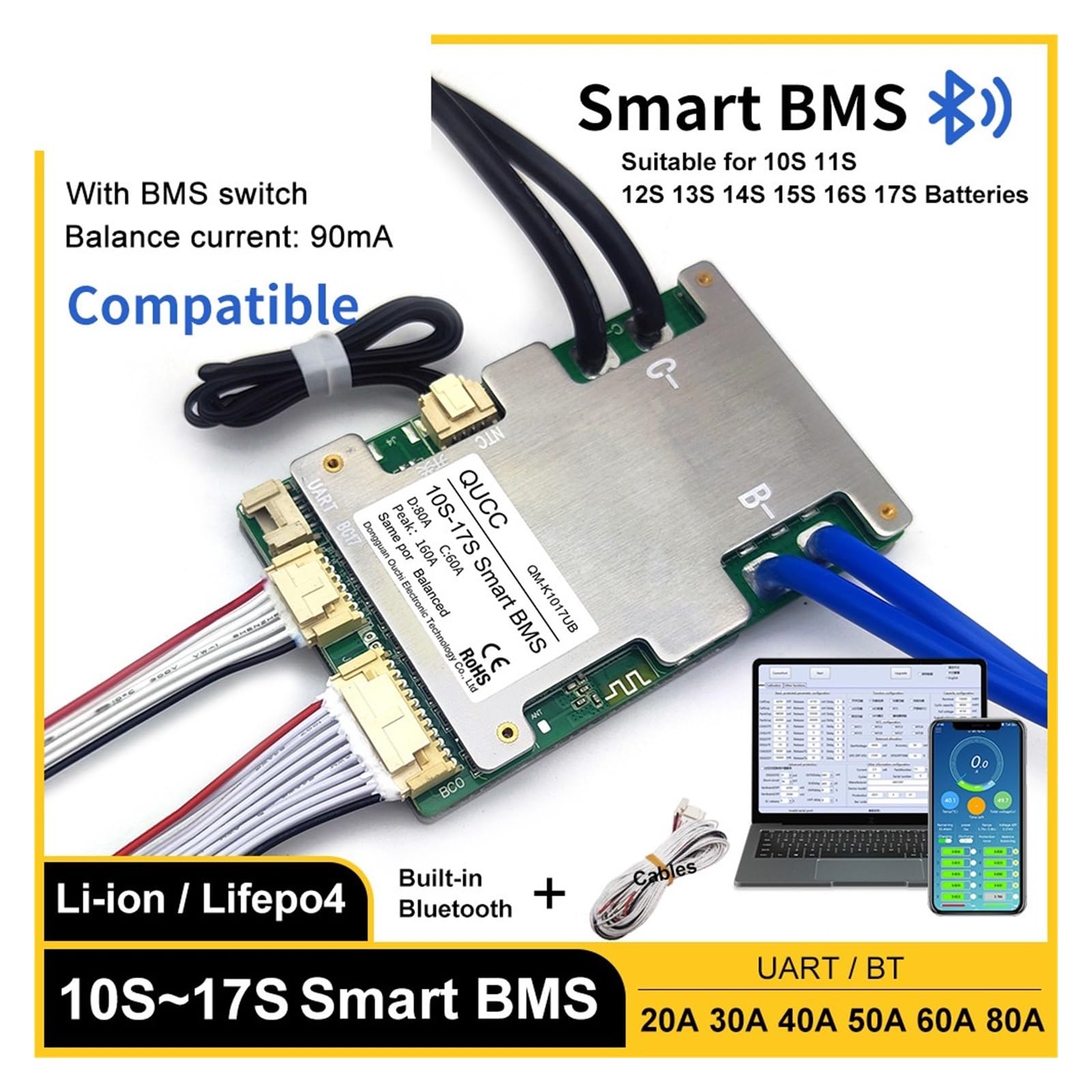 Płyta BMS, 20A 30A 40A 50A 60A 80A 10S 12S 13S 14S 15S 16S 17S inteligentny BMS bateria litowa Ebike Balance Board 36V 48V 52V 60V(60A Built In BT,3.7V Li Ion 10-17S)