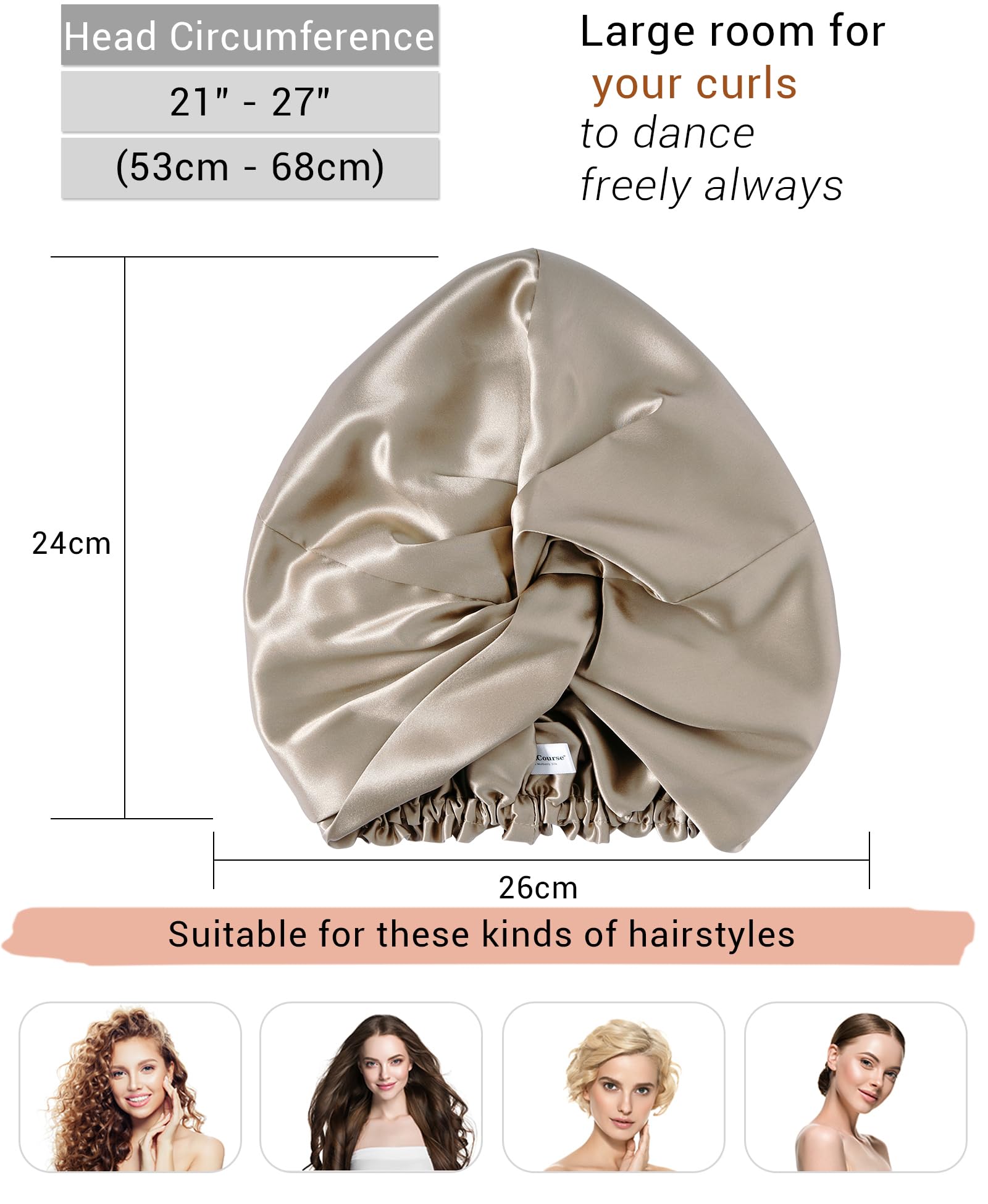 LaCourse Anti-Slip Adjustable 22 Momme 100% Mulberry Silk Bonnet for Sleeping Women Double-Layered Silk Hair Bonnet for Curly Hair One Size (21-24" Head Size) - Image 4