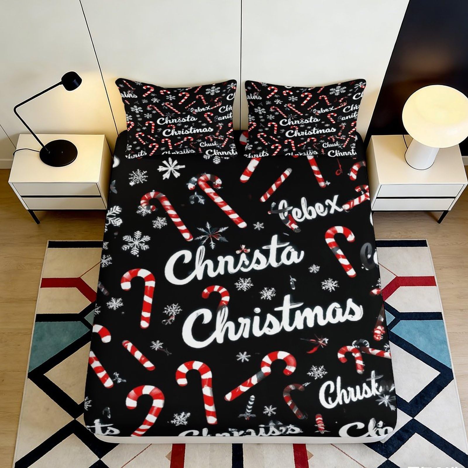 3D Printed Christmas Candy Cane Fitted Sheet Microfiber Soft Festive Snowflake Bed Cover for Bedroom Guest Room Decor 90x200x25cm