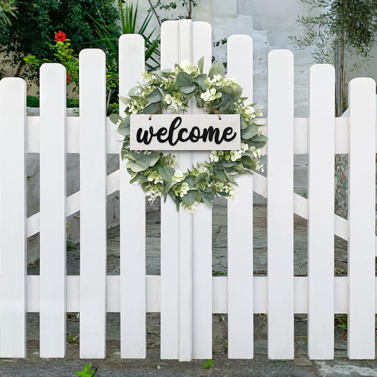 Gepersonaliseerd welkomstbord bruiloft eucalyptus krans