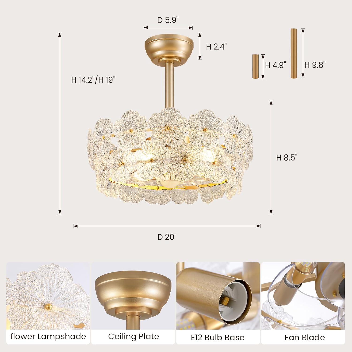 NOXARTE 20" Gold Crystal Fandelier Ceiling Fans with Lights, Gold Flower Chandelier Ceiling Fan with Light and Remote, Multi-Tier Caged Ceiling Fan with 6 Speeds for Living Room, Bedroom, Nursery