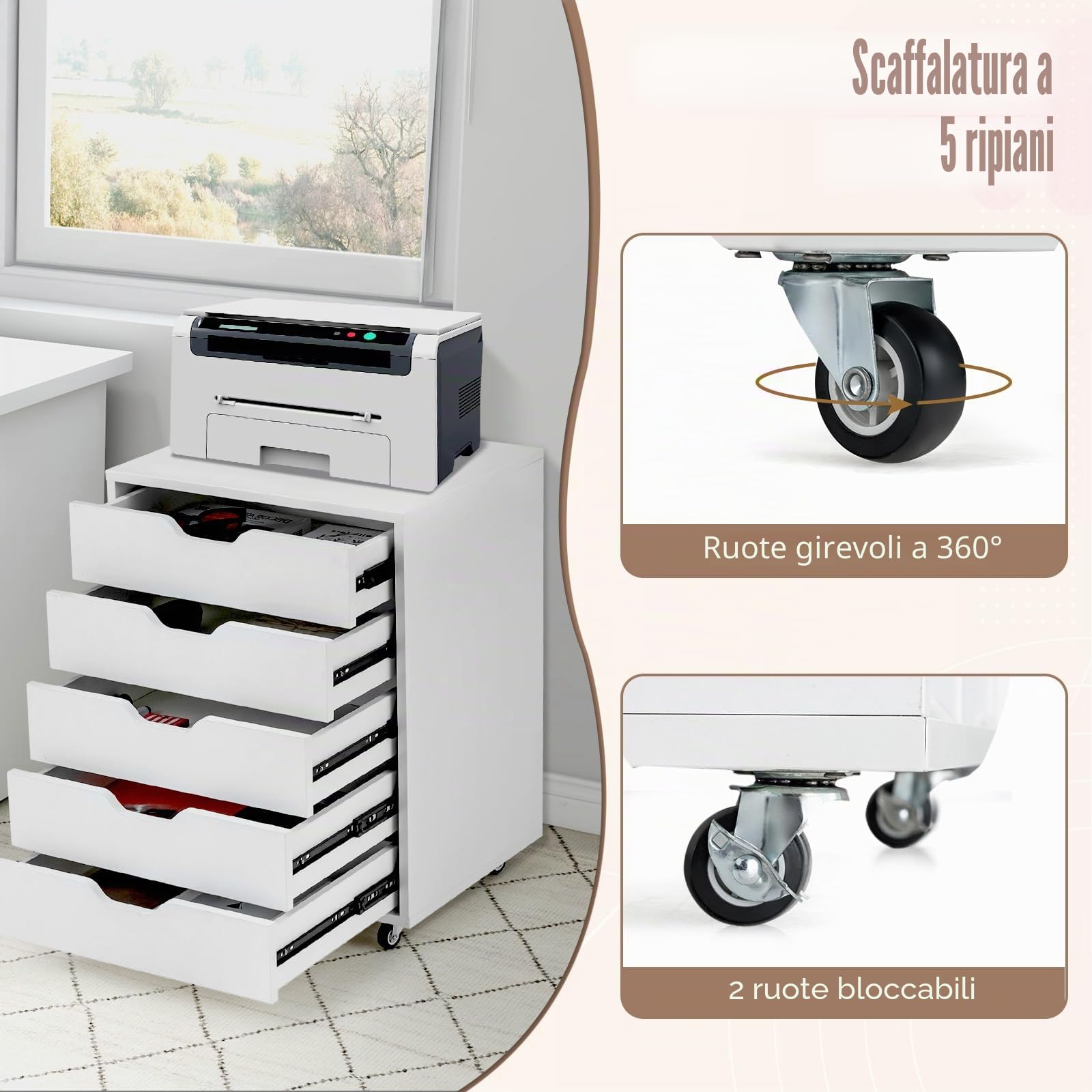 KOMFOTTEU Cassettiera a 5 cassetti con maniglie nascoste, cassettiera mobile con 2 ruote bloccate, cassettiera in legno, per ufficio, soggiorno, 49 x 40 x 65 cm, bianco