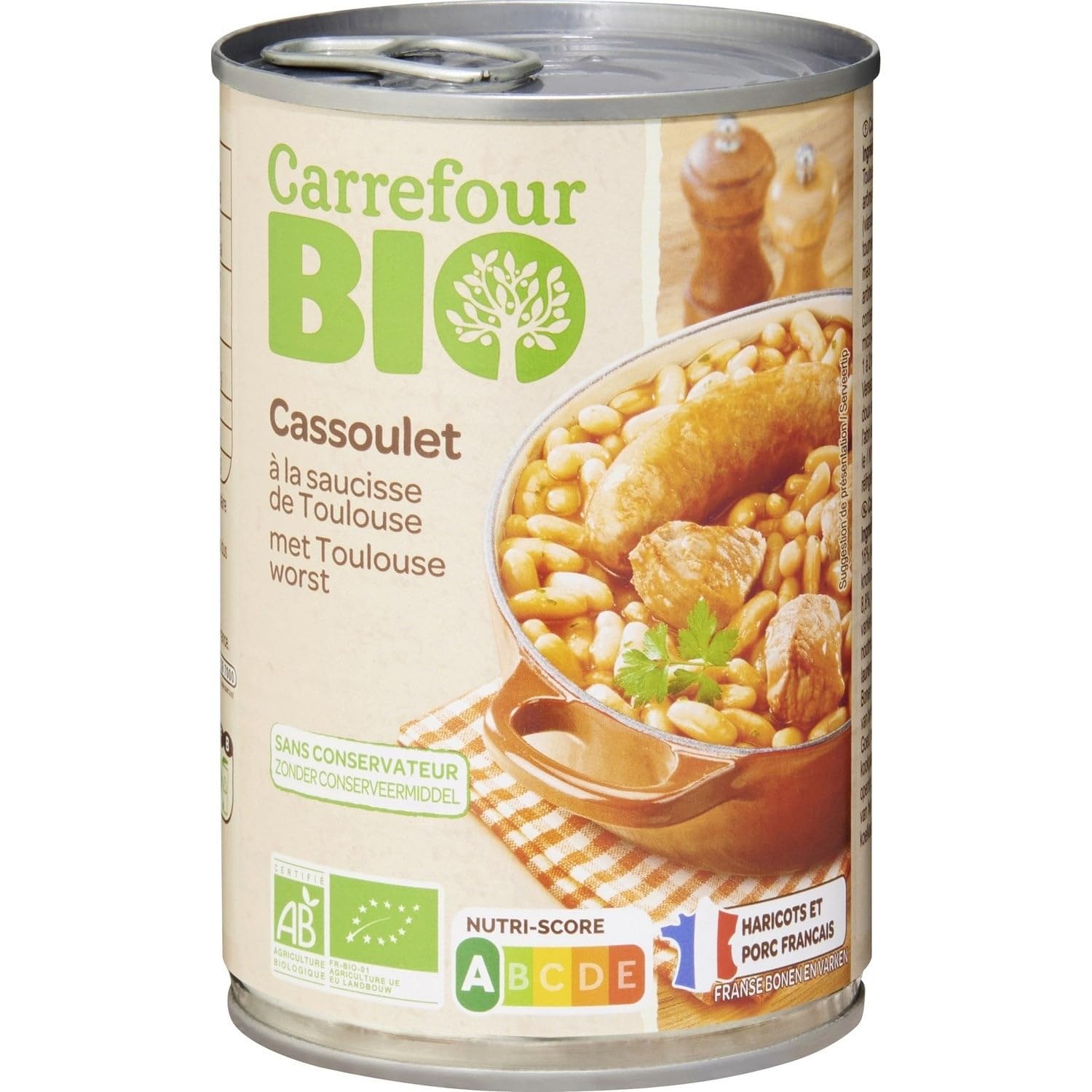 Un repas complet et sans conservateur avec le cassoulet à la saucisse de Toulouse CARREFOUR BIO, format 420g - Lot de 3