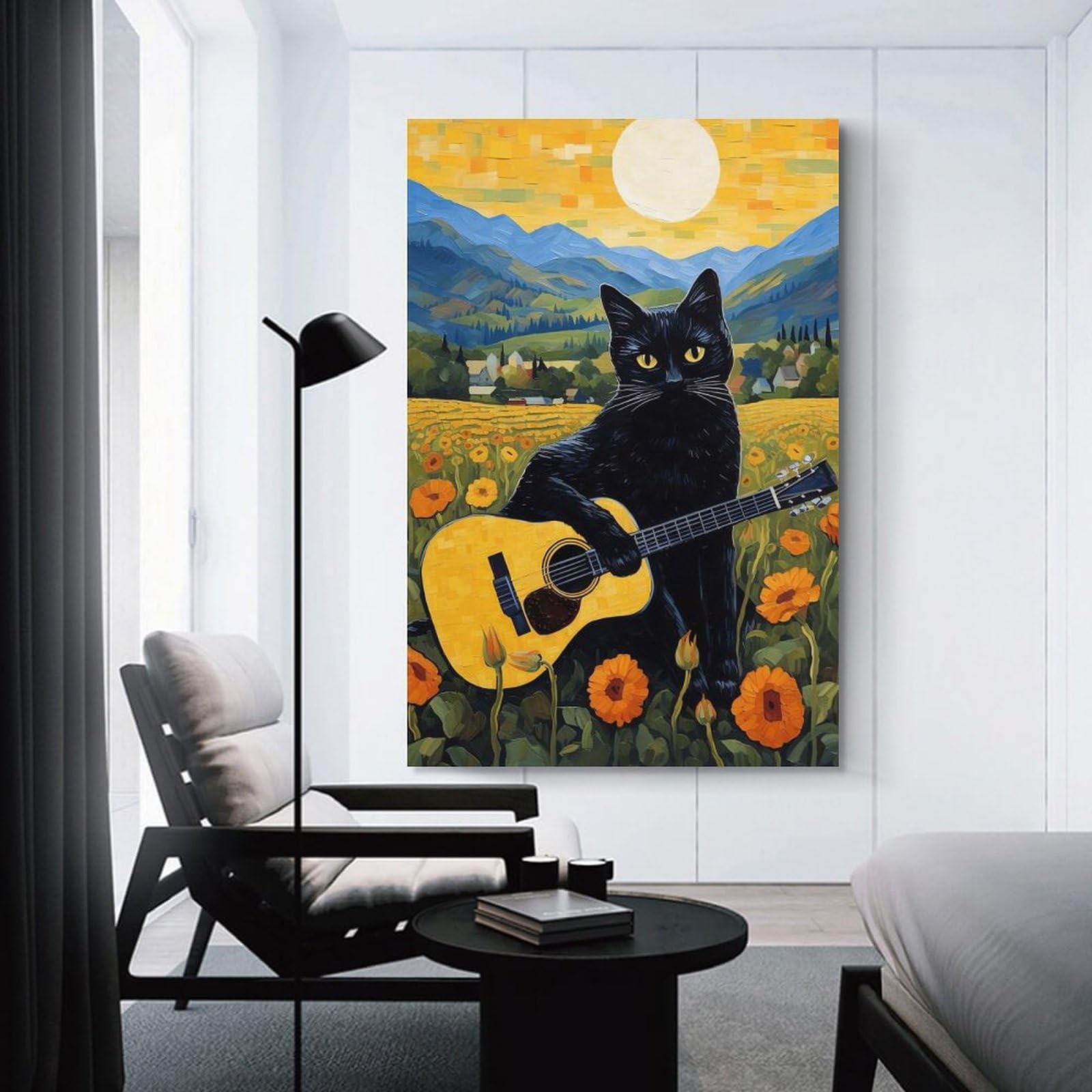 Junmoney Unframe-Style-21 Black Cat Play Guitar Wall Picture Print 16X24inch(40X60cm), For Home Office, Desk Area Or Studio, Home Office Artwork With Decorative Appeal