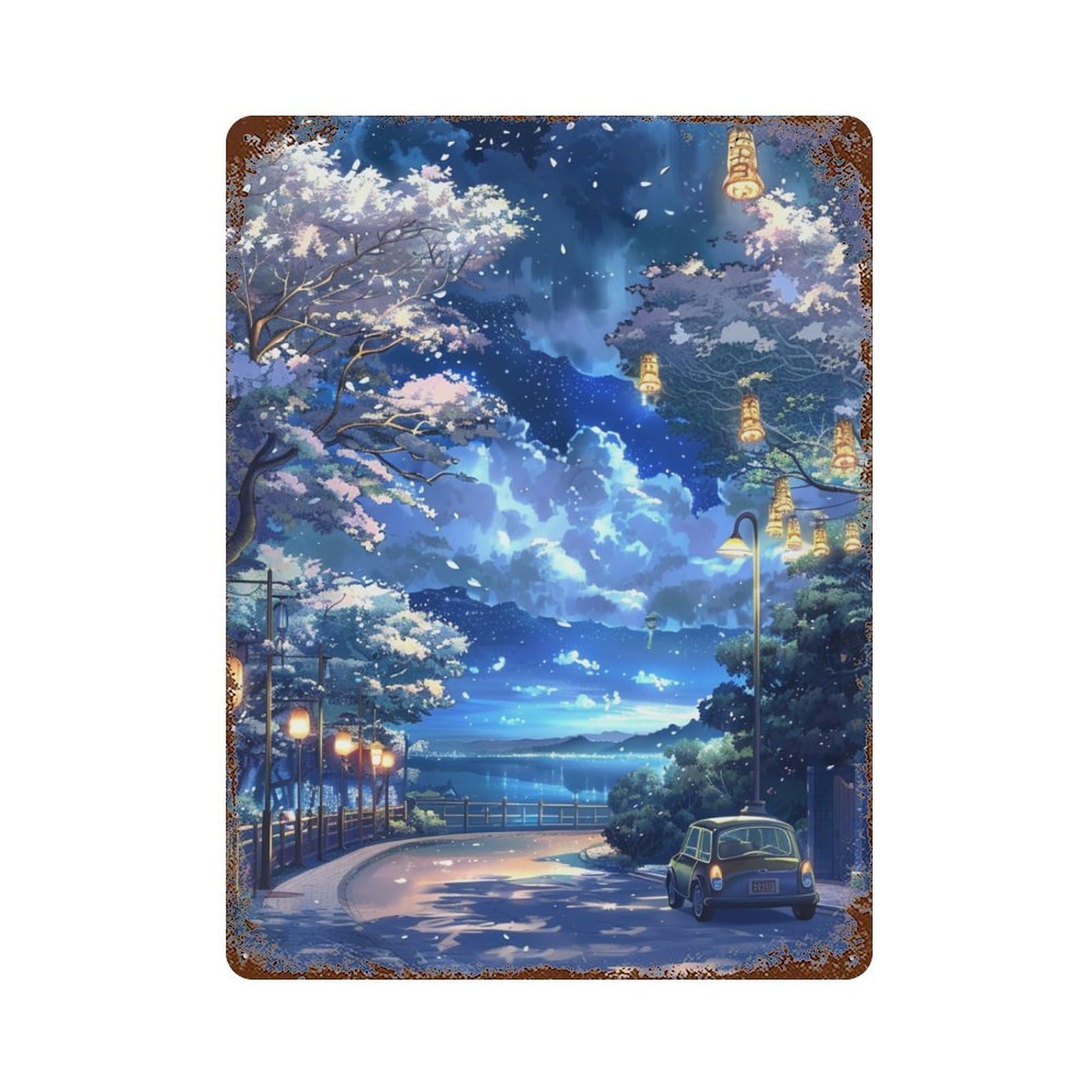 Cherry Blossom Night Drive 15.7"x11.8" Decorative Tin Sign, Retro Wall Decor for Garage, Bar And Workshop Decor