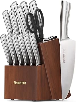 38% off: Astercook Knife Set, Kitchen Knives Set with Block and Sharpener Full Tang 15 Pcs Premium …