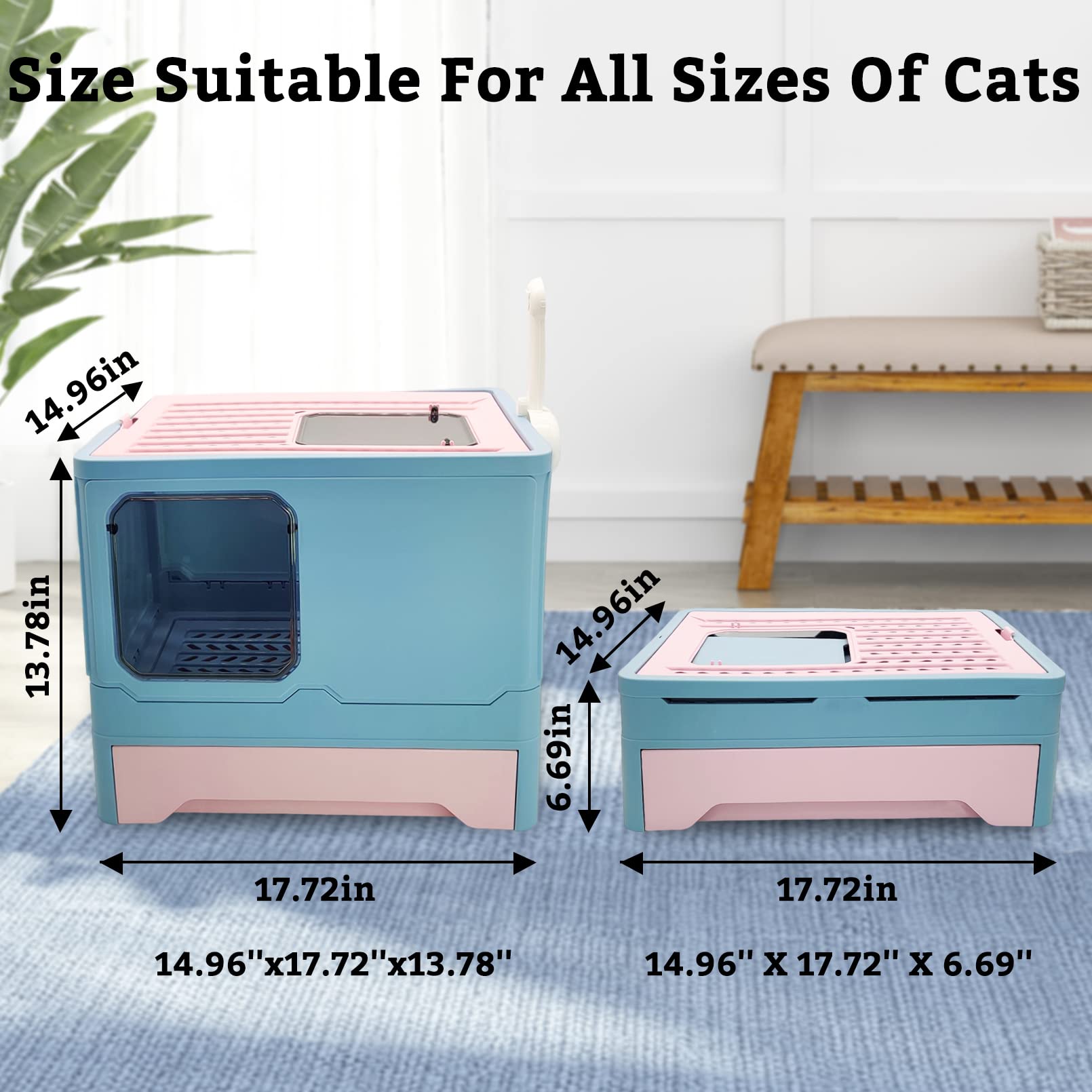 Hamiledyi Cat Litter Box with Lid Foldable Kitty Toilet Top Entry Enclosed Cat Potty Anti-Splashing Covered Drawer Type Pet Litter Pan with Cats Litter Scoop (Blue)