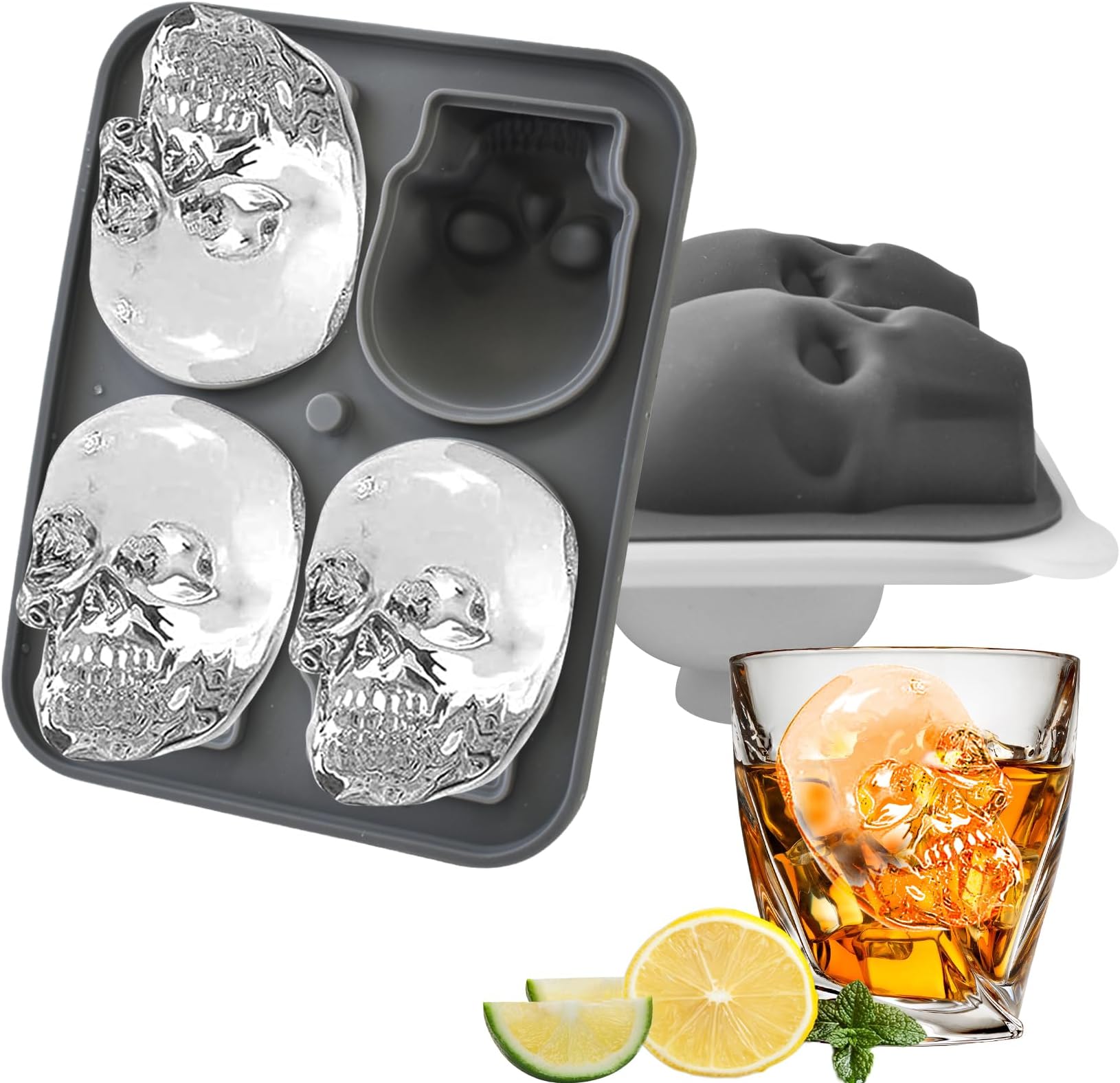 Skull Ice Cube Mold, 3D Skull Ice Cube Tray with 4 Cavity