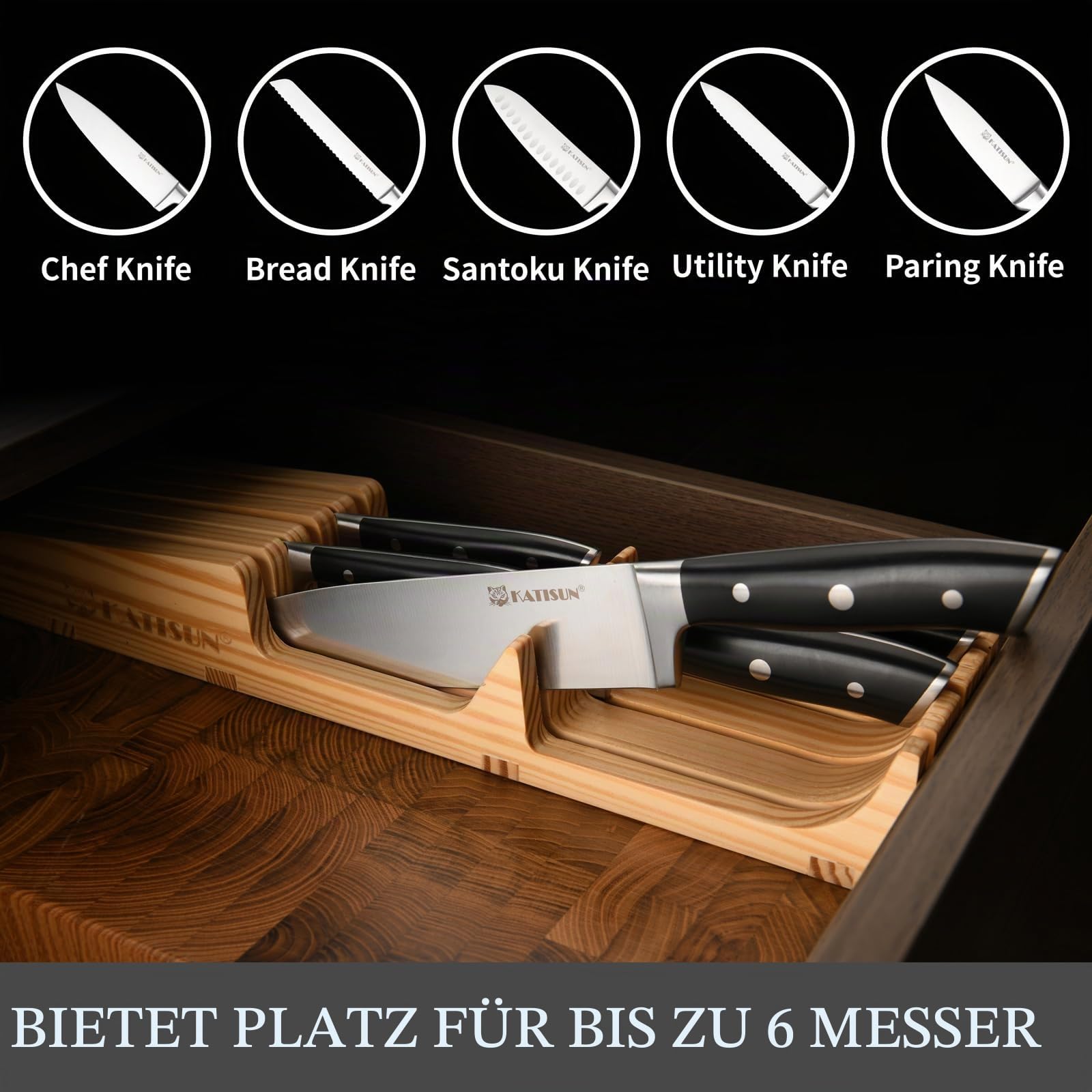 Kombischublade Messeraufbewahrung, 6-teiliges Küchenmesserset, Deutscher Stahl Messerset