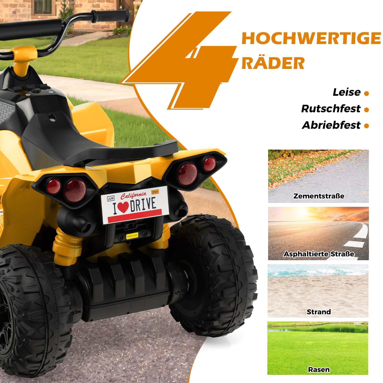 COSTWAY 12V Elektro Kinderquad, Elektroquad mit 2,2/4,3 KM/H Geschwindigkeit, Kindermotorrad mit Hupe, Musik & LED-Leuchten, Elektro Quad für Kinder von 3 bis 8 Jahren (Gelb)