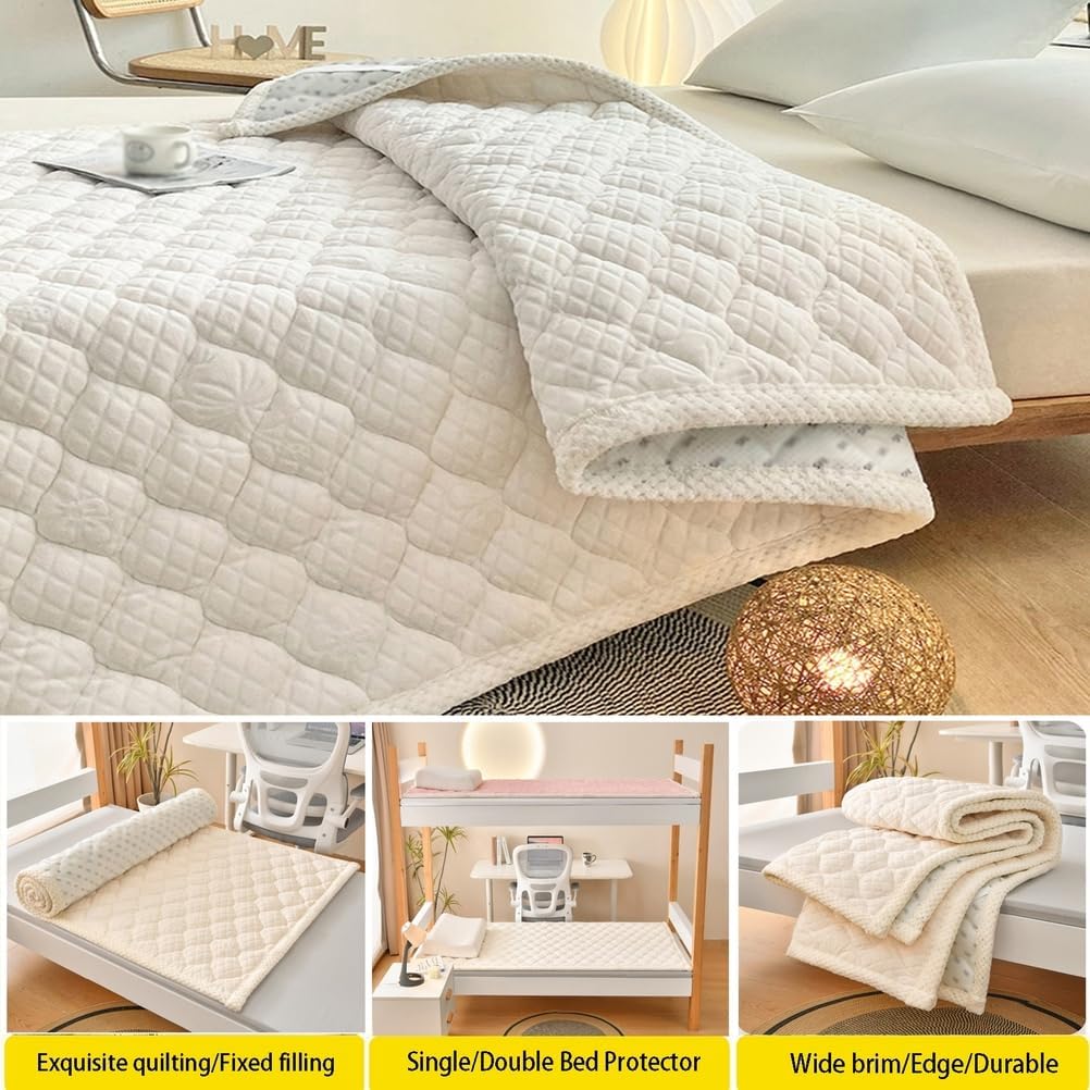 Mattress Pad Quilted Fitted Mattress Protector,Fluffy Soft Bedspread Coverlet,Breathable Mattresss Topper,Thickened Futon Warmth Sleeping Pad for Dormitory,Twin/Single Bed,Beige,135 * 200cm/53x79in