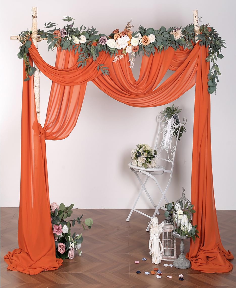Lot de 2 panneaux de tissu drapé en mousseline de soie pour arche de mariage, décoration de fond de fête de mariage, orange brûlé et orange brûlé