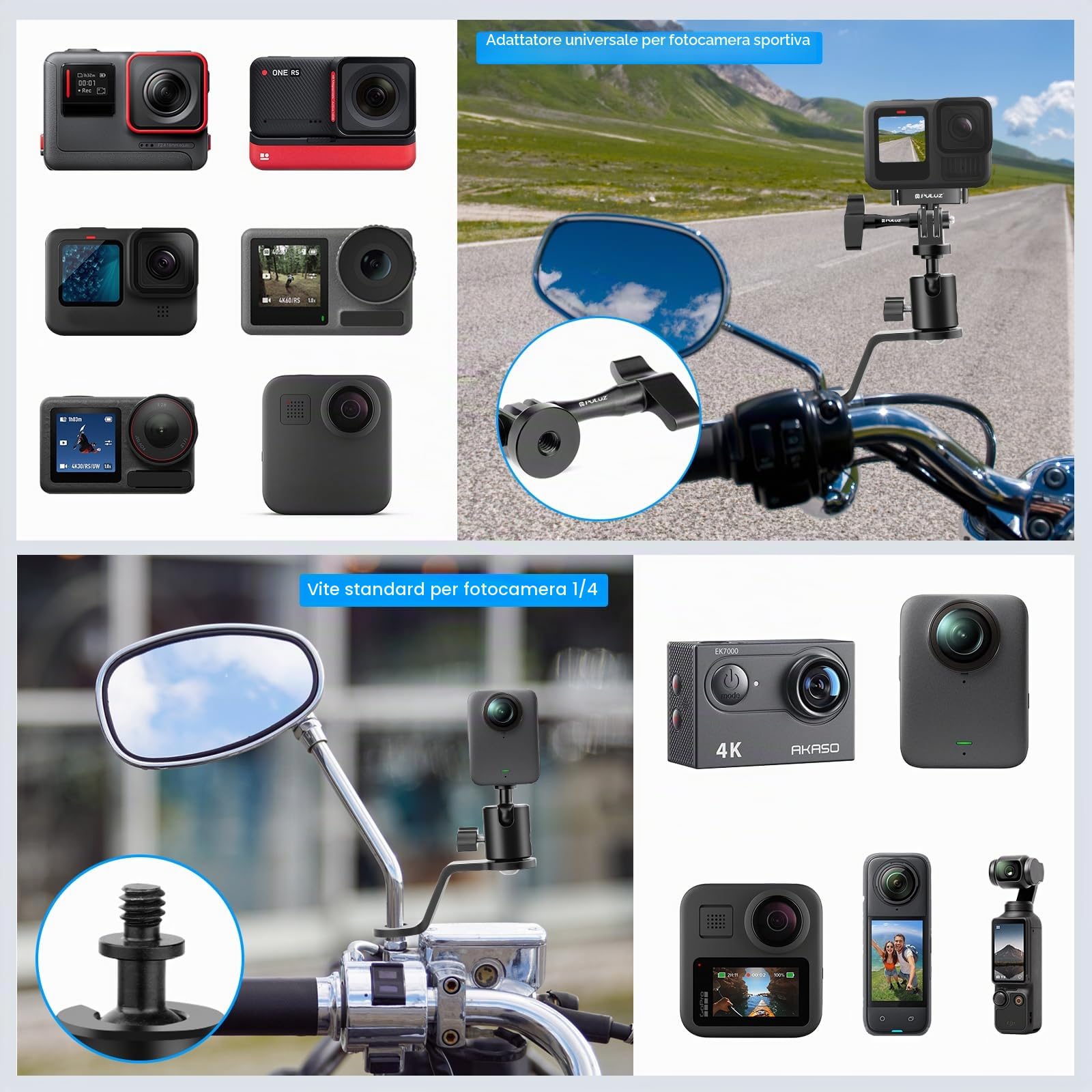 Supporto Per Specchietto Retrovisore In Alluminio Per Moto – Compatibile Con Action Cam 9/8/7/6/5/4, Foro 11 Mm E Rotazione 360° - 3