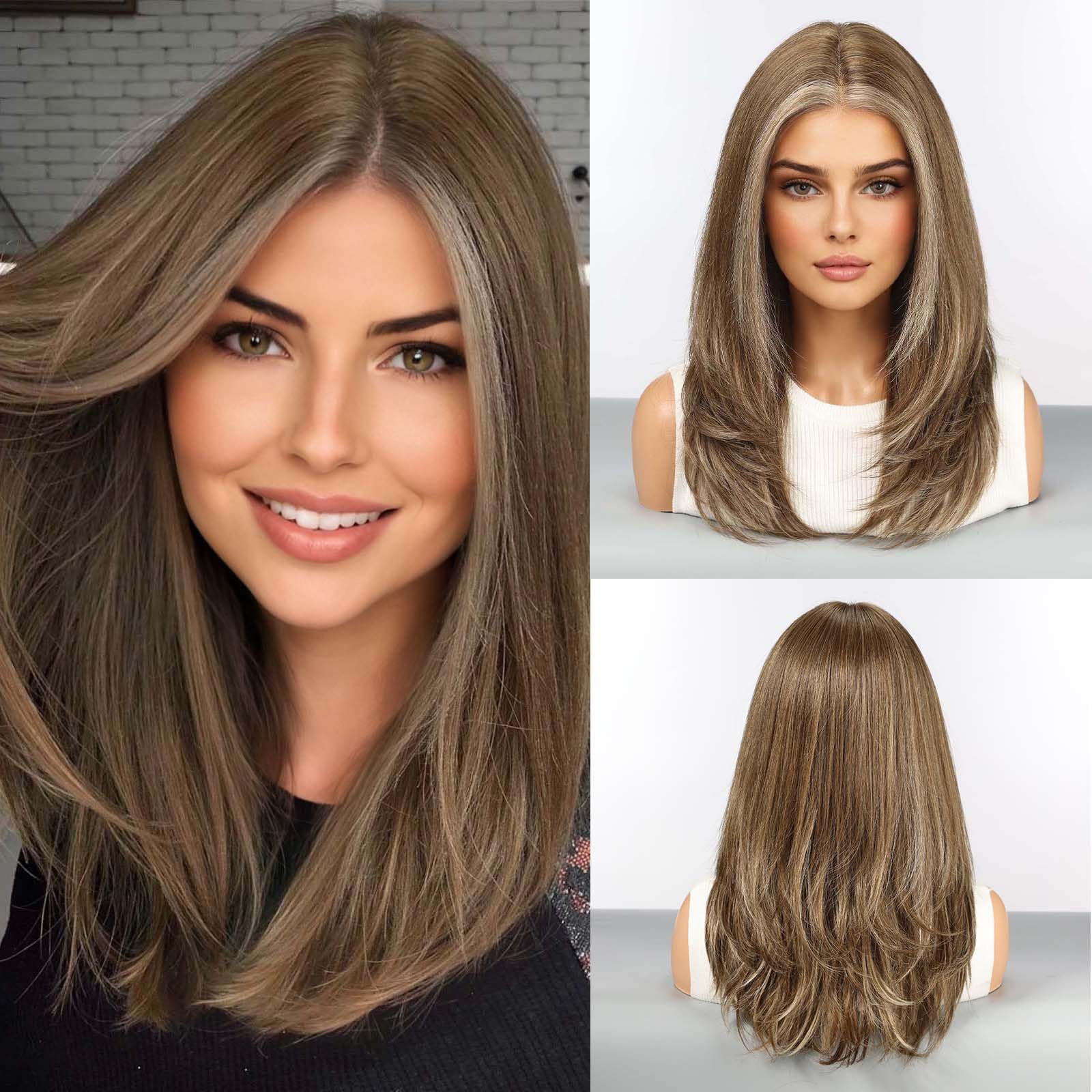 HAIRCUBE Human Hair Wig Lace Front Wig Glueless Wigs Layered Shoulder-Length HairWigs for Women, Ash Brown with White Bangs, Human Hair Blend, 13"×5"×