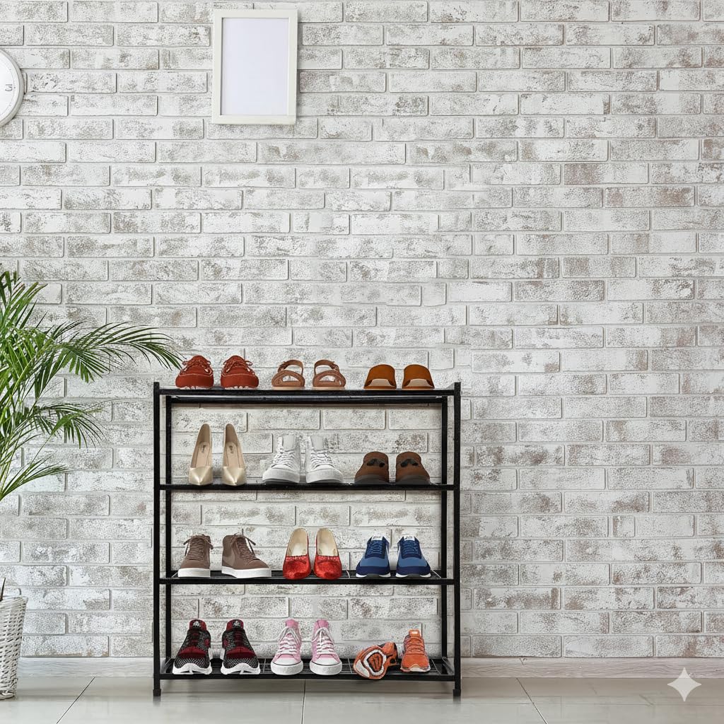 Livzing 4 Tier Metal Shoe Closet | Rack Storage | Vertical Stackable Height | Adjustable Stand Space Saving Utility Multipurpose Bookshelves | Portable Shelf Clothes Organizer Rust Proof Black