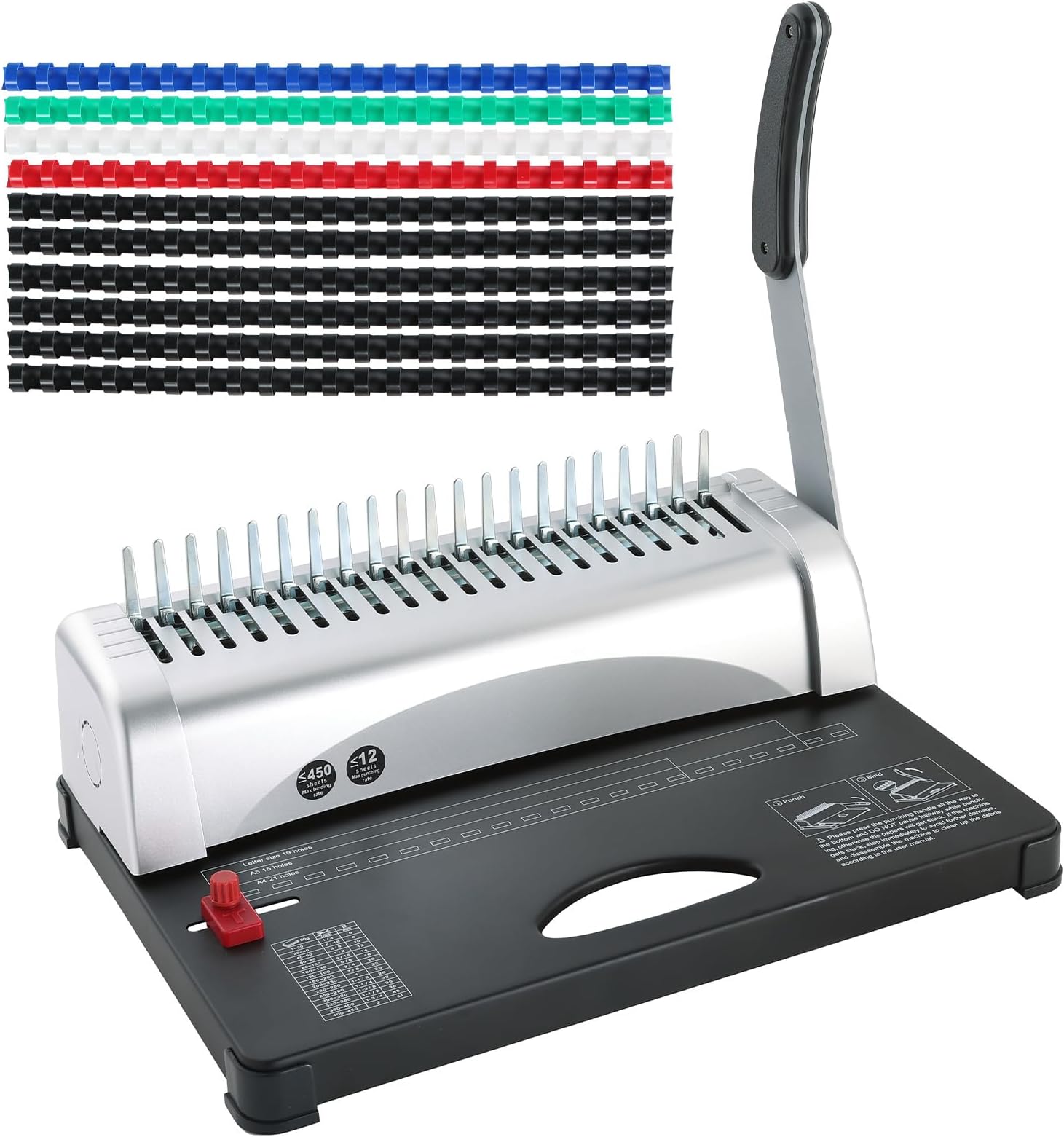 FLKQC Binding Machine | 21 Holes Punch Binding Comb Machine, 450 Sheets, Paper Punch Binder with Starter Kit 100 PCS 3/8'' PVC Comb Bindings for Letter Size, A4, A5 or Smaller Sizes Office Documents