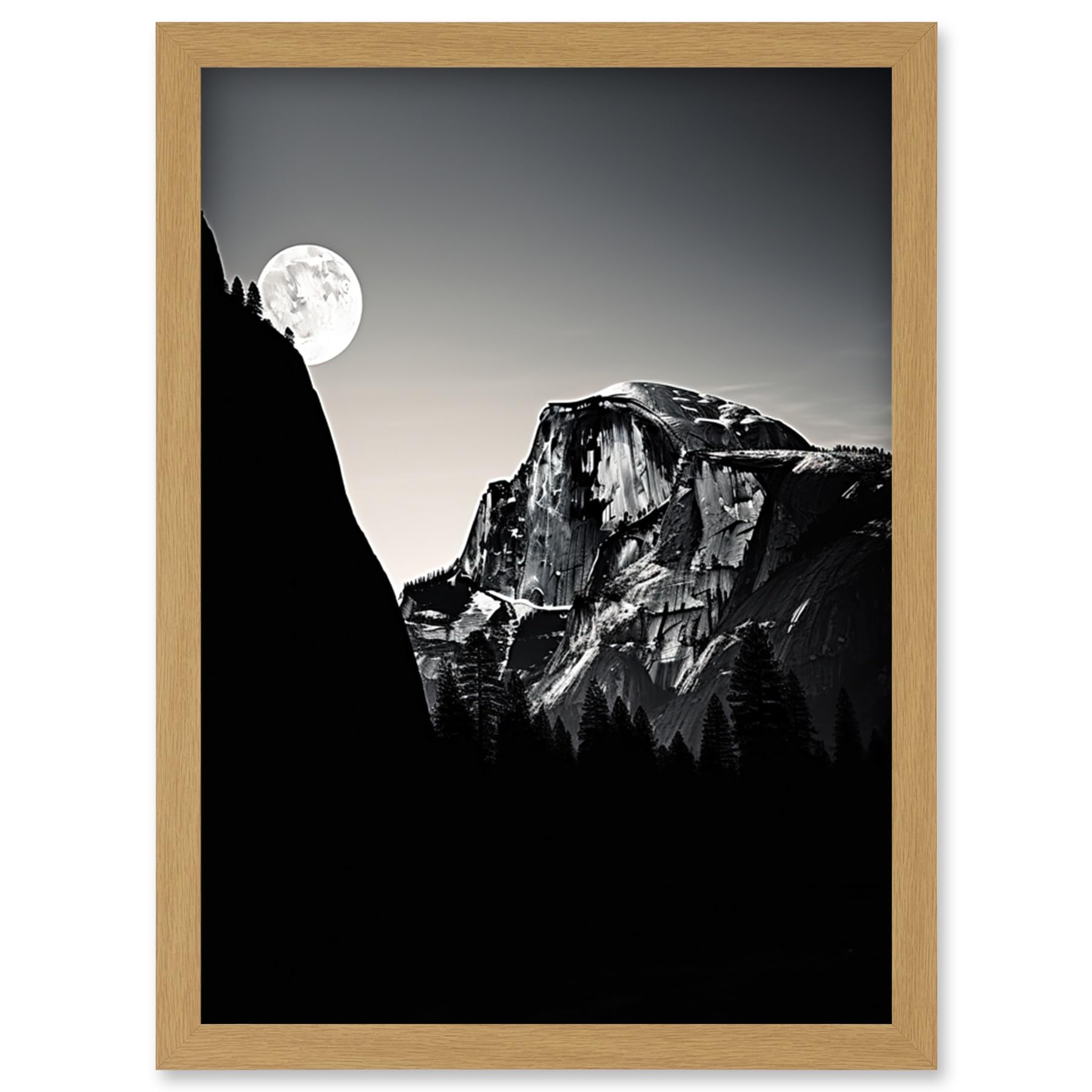 Artery8 Moonrise by Half Dome in Yosemite National Park High Contrast Black White Photograph Full Moon and Mountain Forest Landscape Artwork Framed Wall Art Print A4