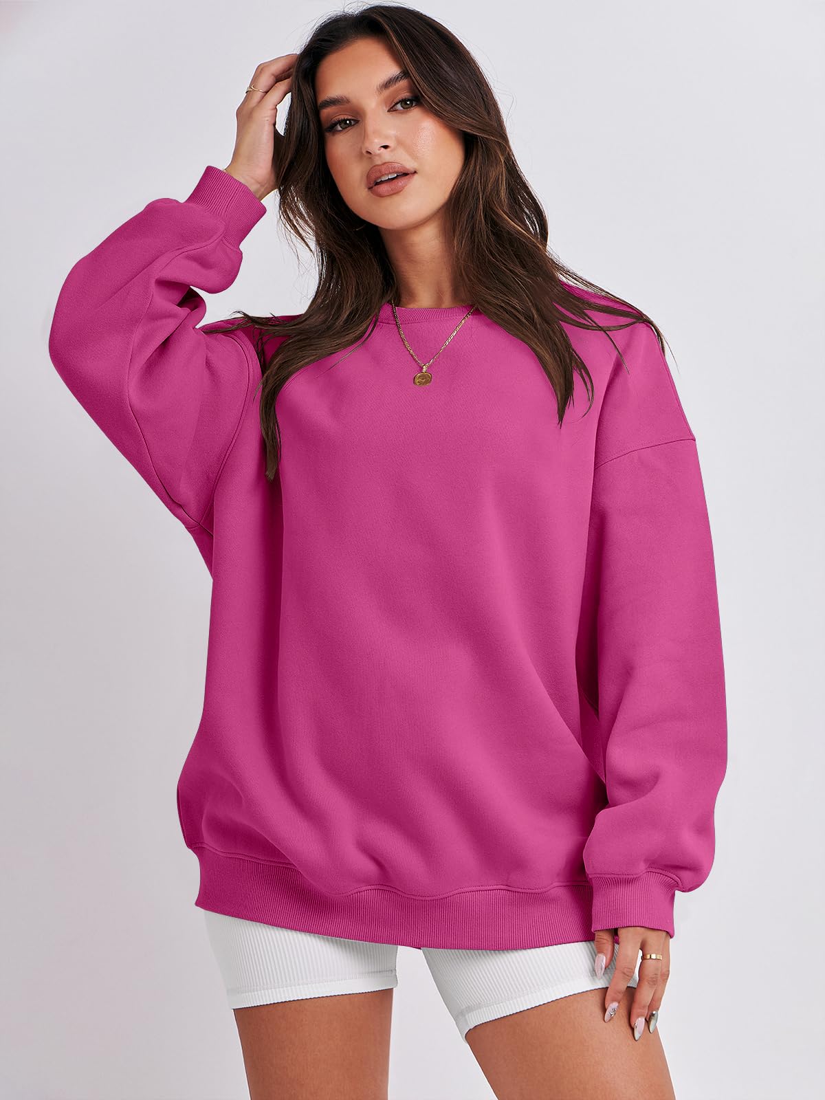 Damskie bluzy oversize bluzy z kapturem polar okrągły dekolt sweter top codzienne jesienne stroje preppy ubrania nastolatki 2024 A1019 światło, Jeden kolor, Light Pink_X-Small