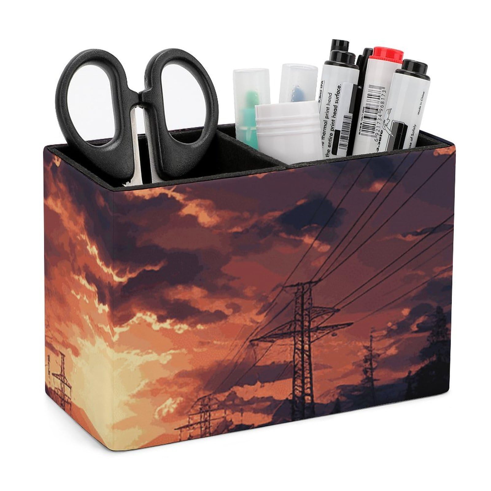 JTREHY Dusk Scenery Pencil Holder Exquisite Fashion Leather Pen Receptacle Soft High-End Pen Container for Office Home Accessories Or Housewarming Present