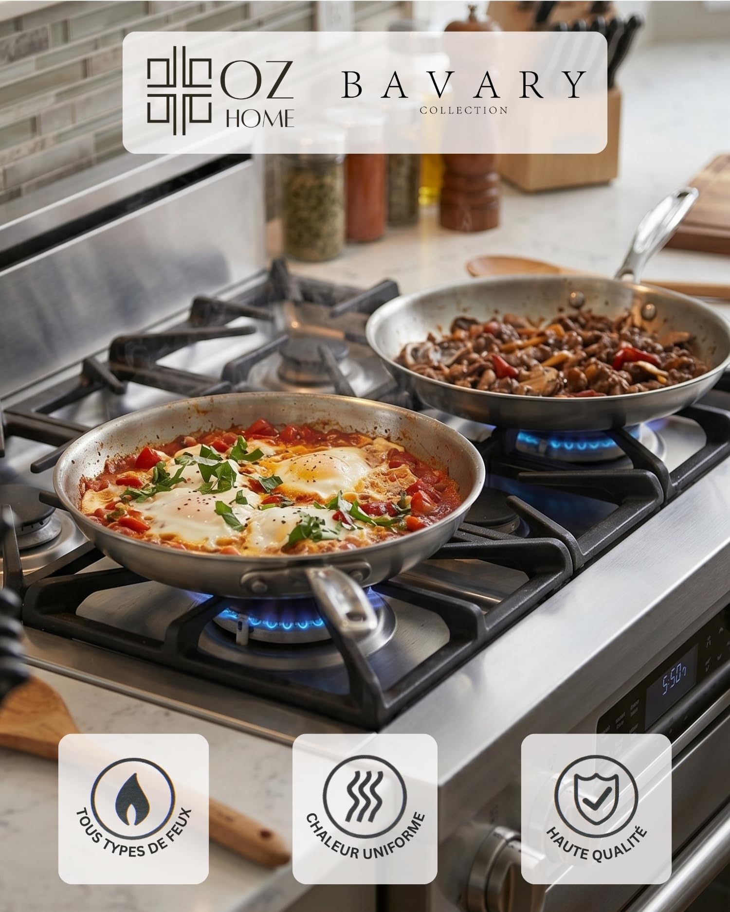 BAVARY Lot De Poele Induction (20-22-24-26-28-30cm) - Poele Inox 18/10 - Poeles Inox Inductions Non Revêtues - Poêles À Frire Pour Gaz Et Tout Feux - Sauteuse inox Lave-Vaisselle Ok - Poêle Induction