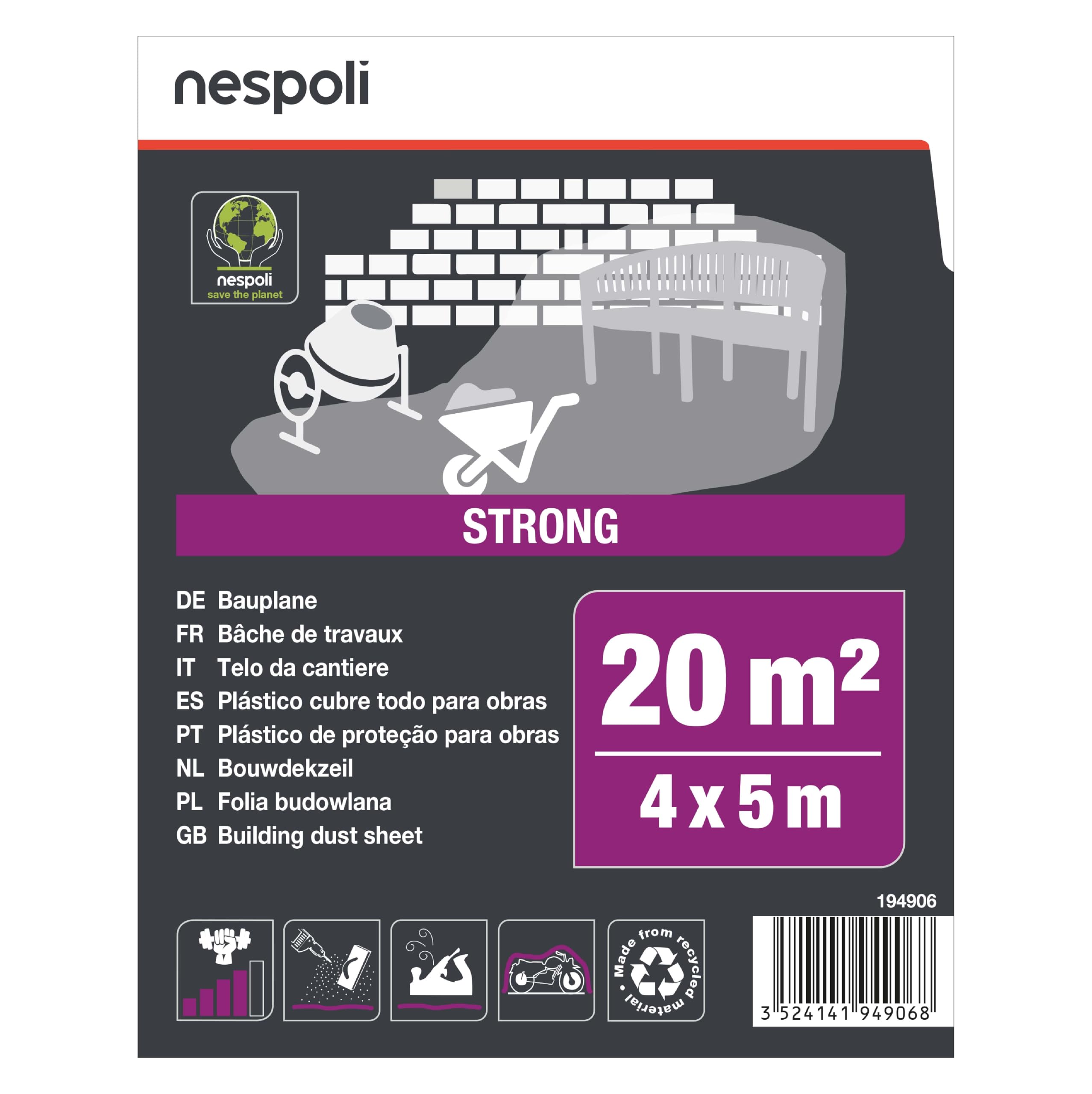 Nespoli – Telo Copritutto 4x5m per Cantieri, Ristrutturazioni, Lavori Domestici, Utilizzabile come Telo Impermeabile Esterno e Copri Moto, Telone Impermeabile per Esterno Resistente e Antistrappo 20m²