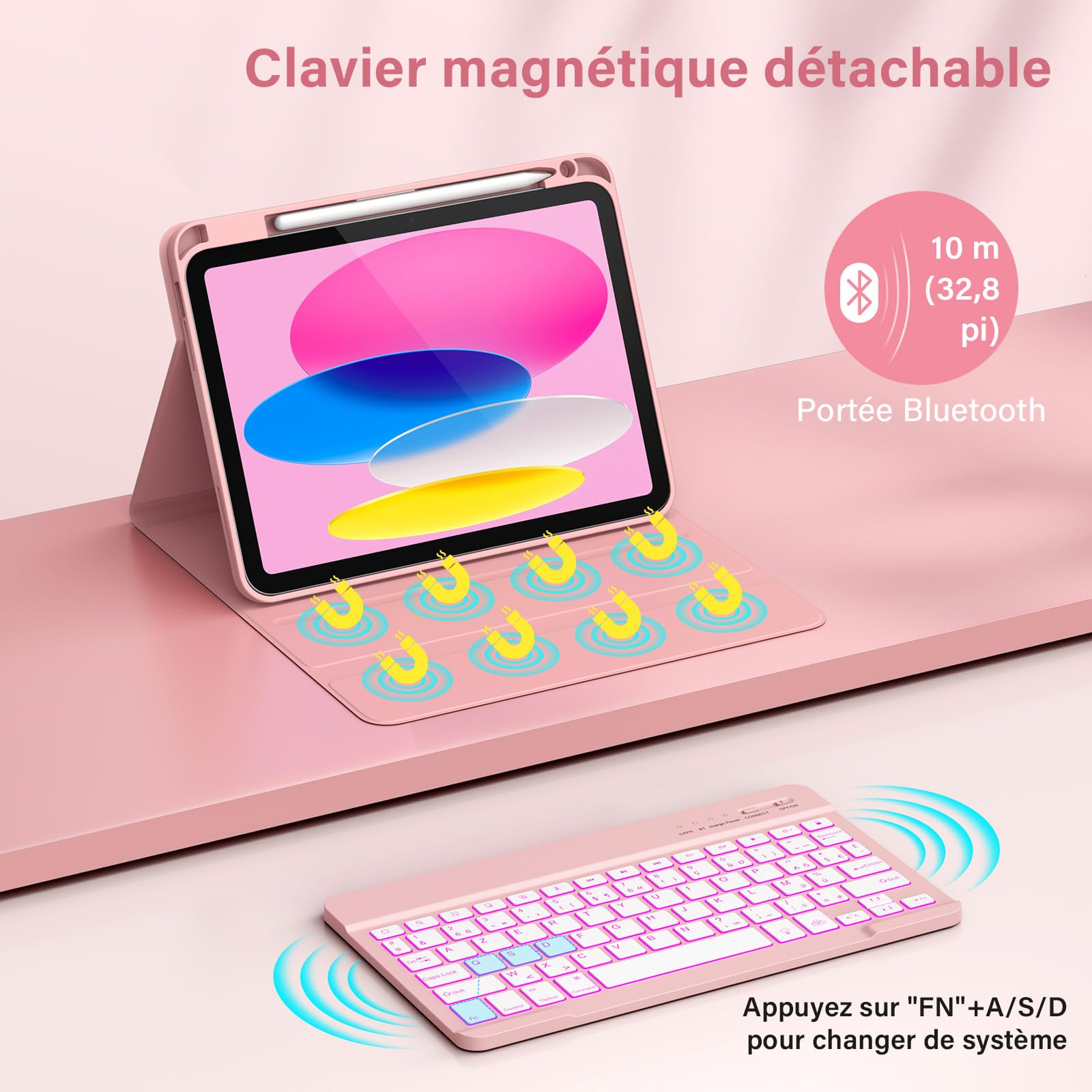 KBCASE Coque Clavier pour iPad A16 11/10 Ème Generation (11 Pouces 2025/10.9 Pouces 2022) Étui Keyboard Bluetooth pour iPad 10eme/11eme avec 7 Couleurs Rétroéclairées,Porte Crayon,AZERTY Français,Rose