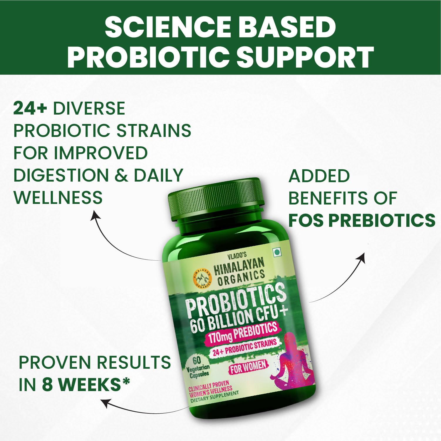 Vlado's Himalayan Organics Probiotics Supplement 60 Billion CFU+ Gut Health Supplements for women | 170mg Prebiotics and 24+ Clinically Proven Strains For Bloating, Gas, Indigestion, IBS, IBD, Gut Health – 60 Capsules for Women 2