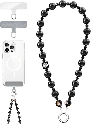 Vihibii Correa de muñeca con dije para teléfono con 2 lengüetas de sujeción, cordón anticaídas para teléfono celular, cuentas de perlas de moda para