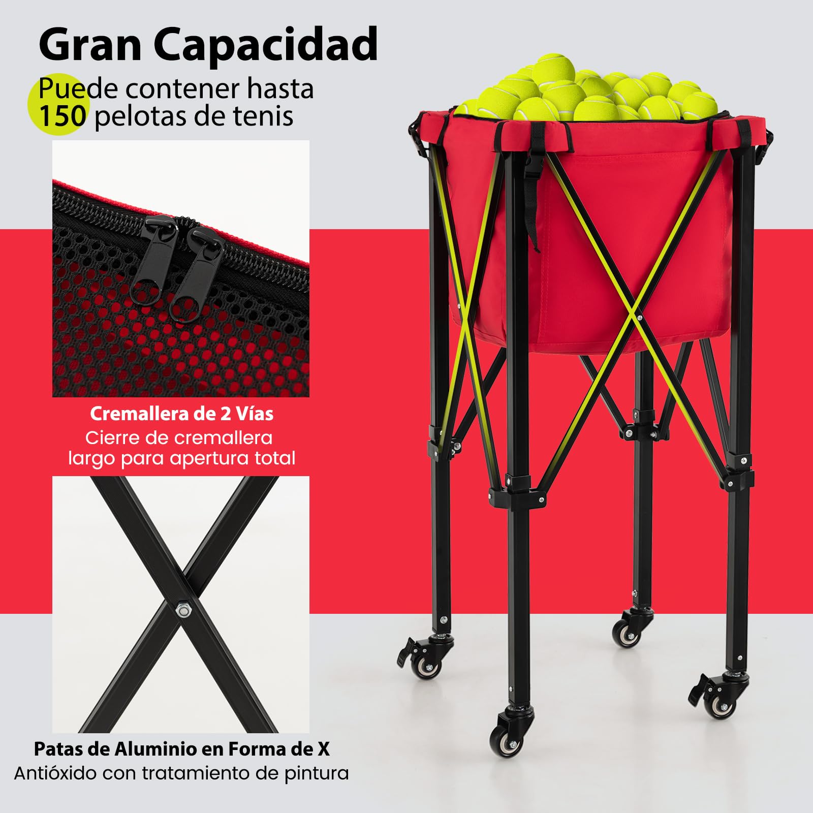 COSTWAY Carro Plegable para Pelotas de Teni, Carrito Recogepelotas, Cesta Ligera de Aluminio con Ruedas para Pelotas de Tenis, Bolsillos Laterales/Bolsa de Transporte,150 Pelotas