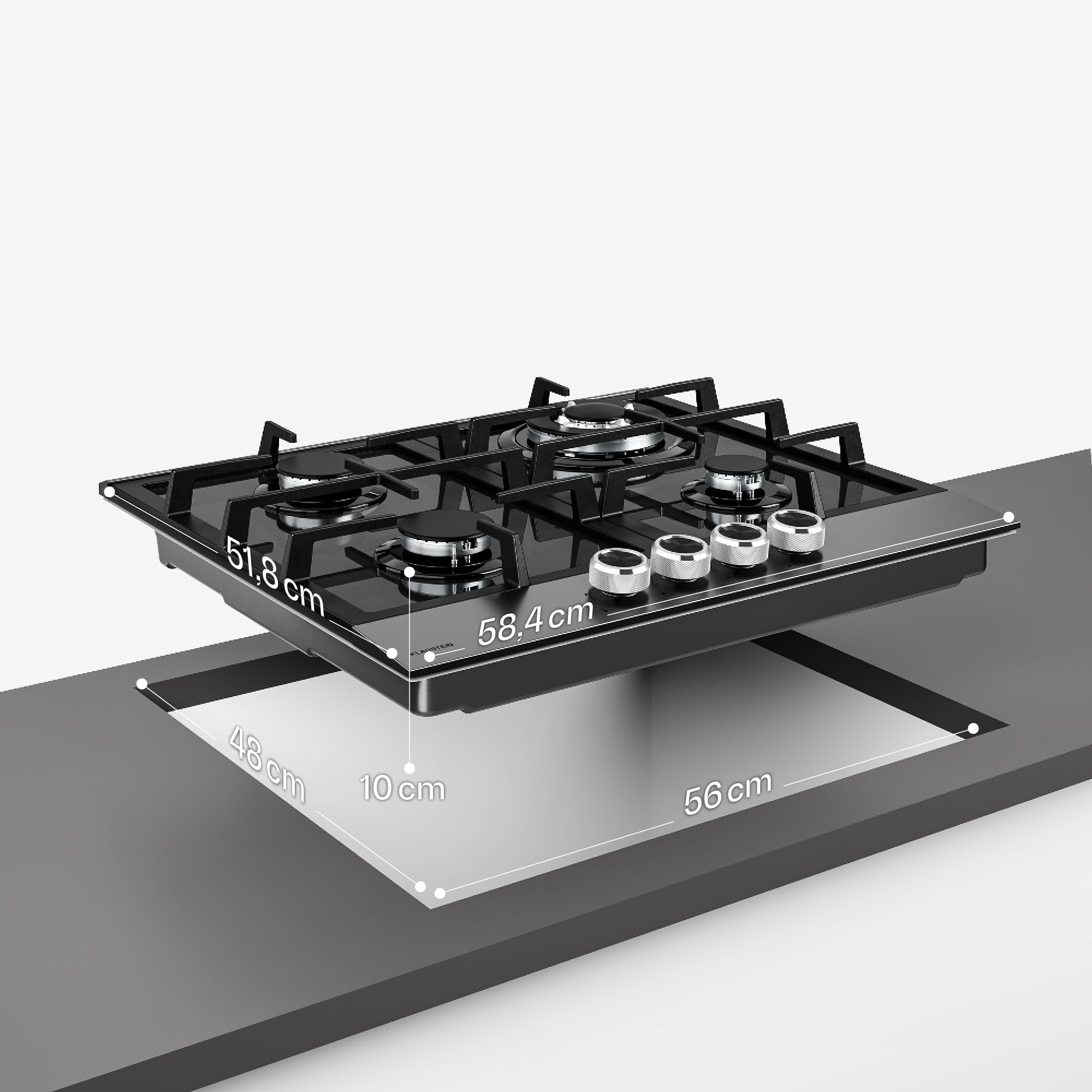 Klarstein Verosteel Plaque de Cuisson Gaz 60cm - 4 Brûleurs 8000W, Verre & Inox, Allumage Électrique, Sécurité Anti-Flamme, GPL & Gaz Naturel, Kit Inclus, Acier inoxydable noir