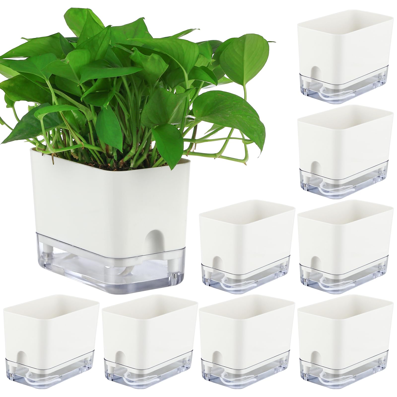 Planterhoma White Self Watering Plant Pots For Indoor Plants 7 Inch, 8 Packs Rectangular Self-Watering Planters With Drainage Hole, African Violet Pots For Devil's Ivy, Spider Plant, Orchid, Herb