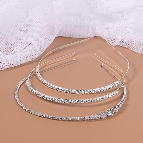 Miniatura 5 de Paquete de 3 diademas elásticas plateadas con diamantes de imitación para mujeres y niñas, accesorios de peinado de cabello de metal, bandas para la