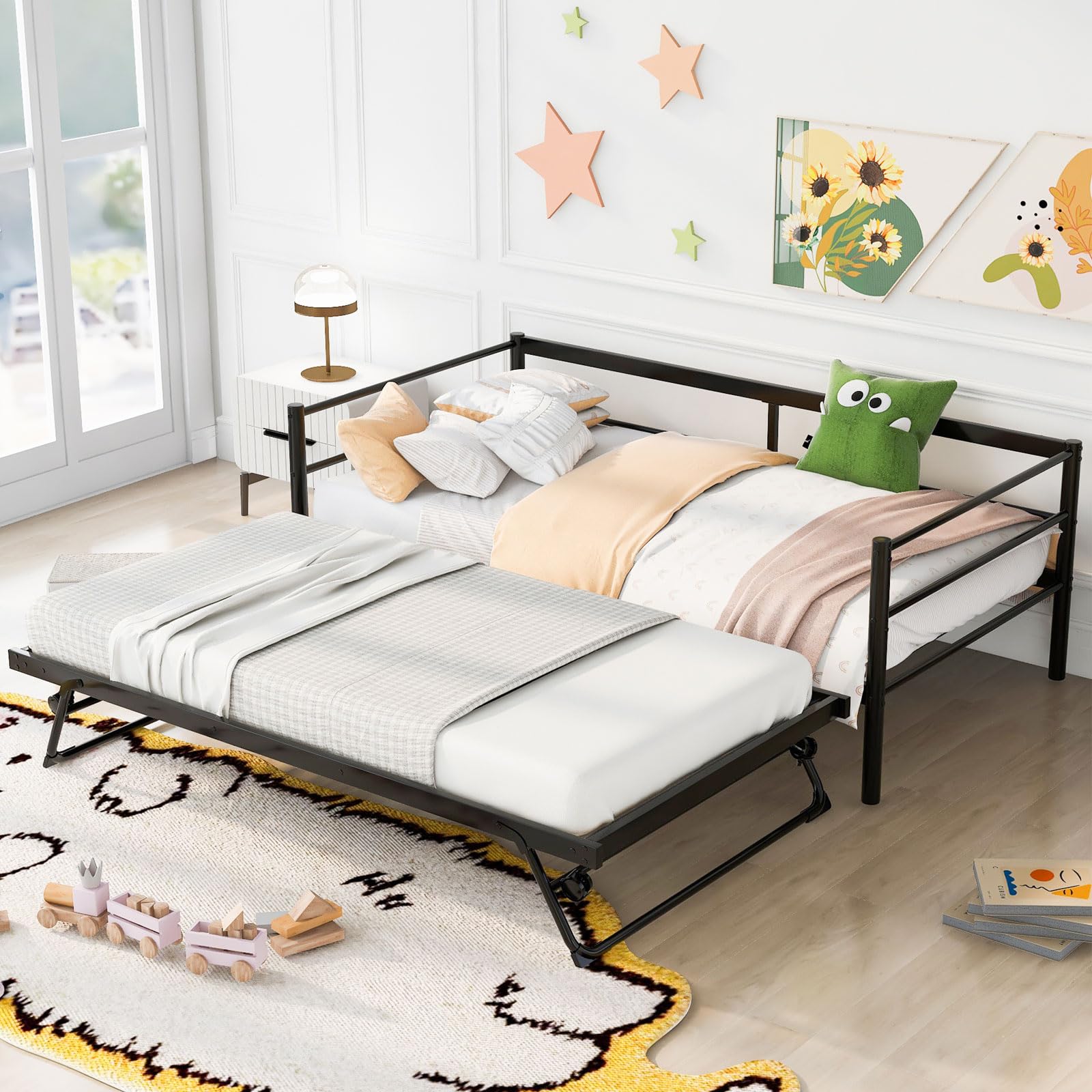 Anwick Twin Daybed with Pop Up Trundle, Metal Daybed, Adjustable Height, Day Bed Frame for Living Room/Bedroom/Guest Room, Steel Slat Support, No Box