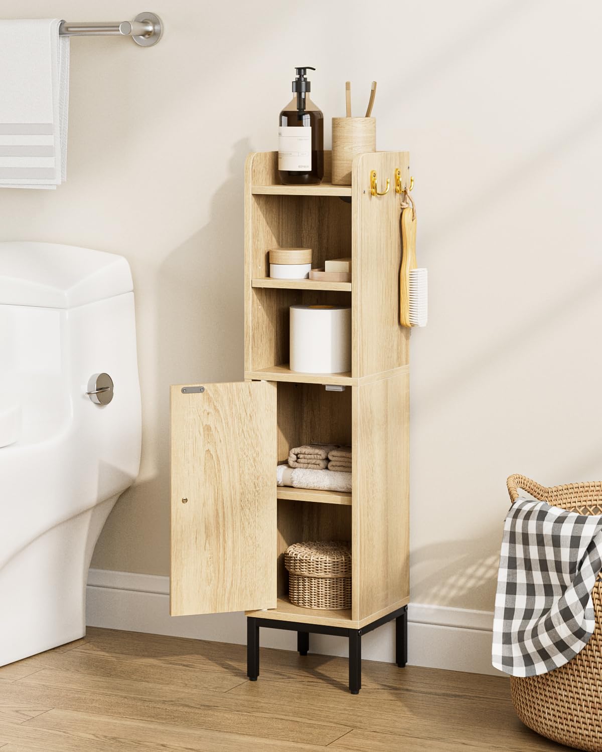 HEYZOEY Armario de baño estrecho de pie, armarios altos de baño con puerta, armario estrecho para baño, cocina, salón, dormitorio, balcón u oficina, ratán negro