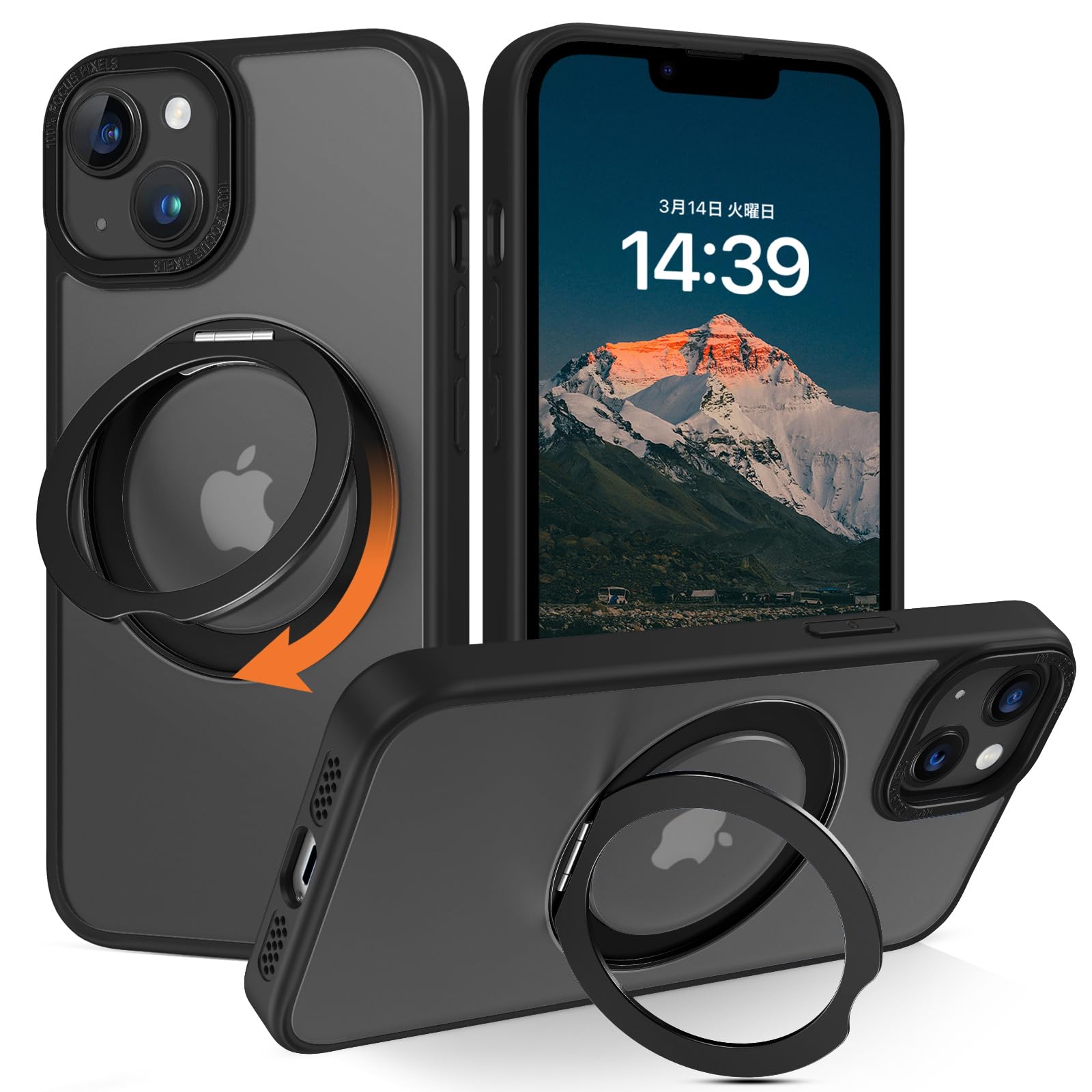 DOMAVER iPhone 13/14 ケース 360°回転スタンド 超強磁力 隠し収納式 米軍MIL規格 耐衝撃 薄形半透明 マット仕上げ リング付き 指紋防止 ストラップホール付き ワイヤレス充電対応 6.1インチ ブラック