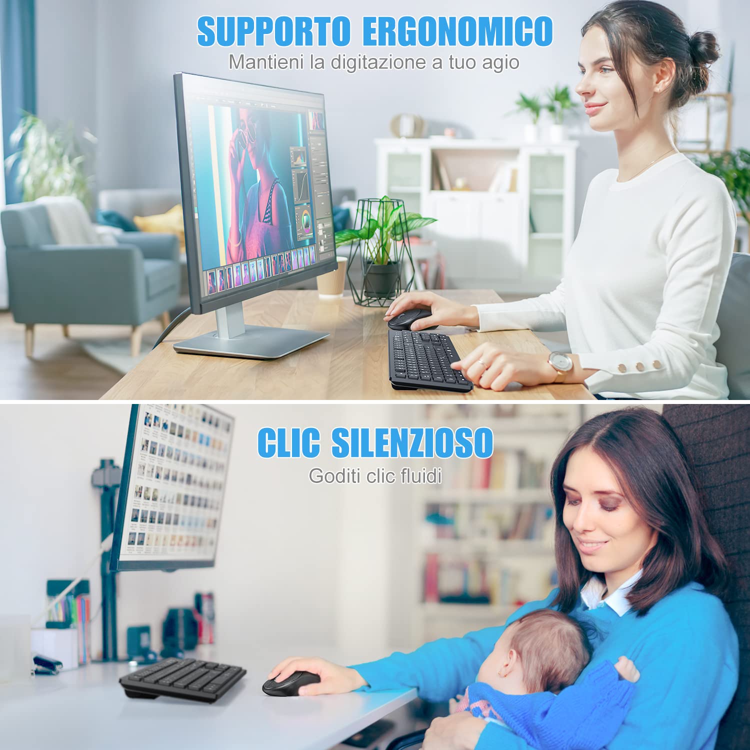 Tastiera E Mouse Wireless 2.4G - Italiano, 105 Tasti, Ergonomico, Per PC Windows E Mac, Risparmio Energetico