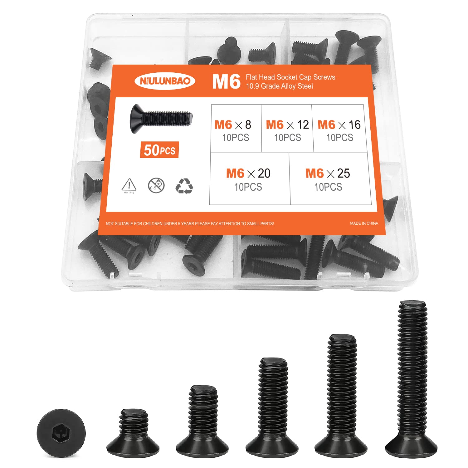M6 x 8mm 12mm 16mm 20mm 25mm Flat Head Socket Cap Screws Countersunk Bolts, 10.9 Grade Alloy Steel, Black Oxide Finish, Allen Hex Drive, Metric Fully