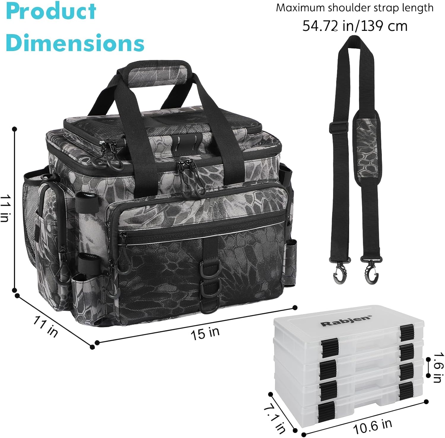 Rabjen Fishing Tackle Bag with Rod Holders & Cooler Main Compartment – Large Capacity Fishing Bag for Organized Gear Storage