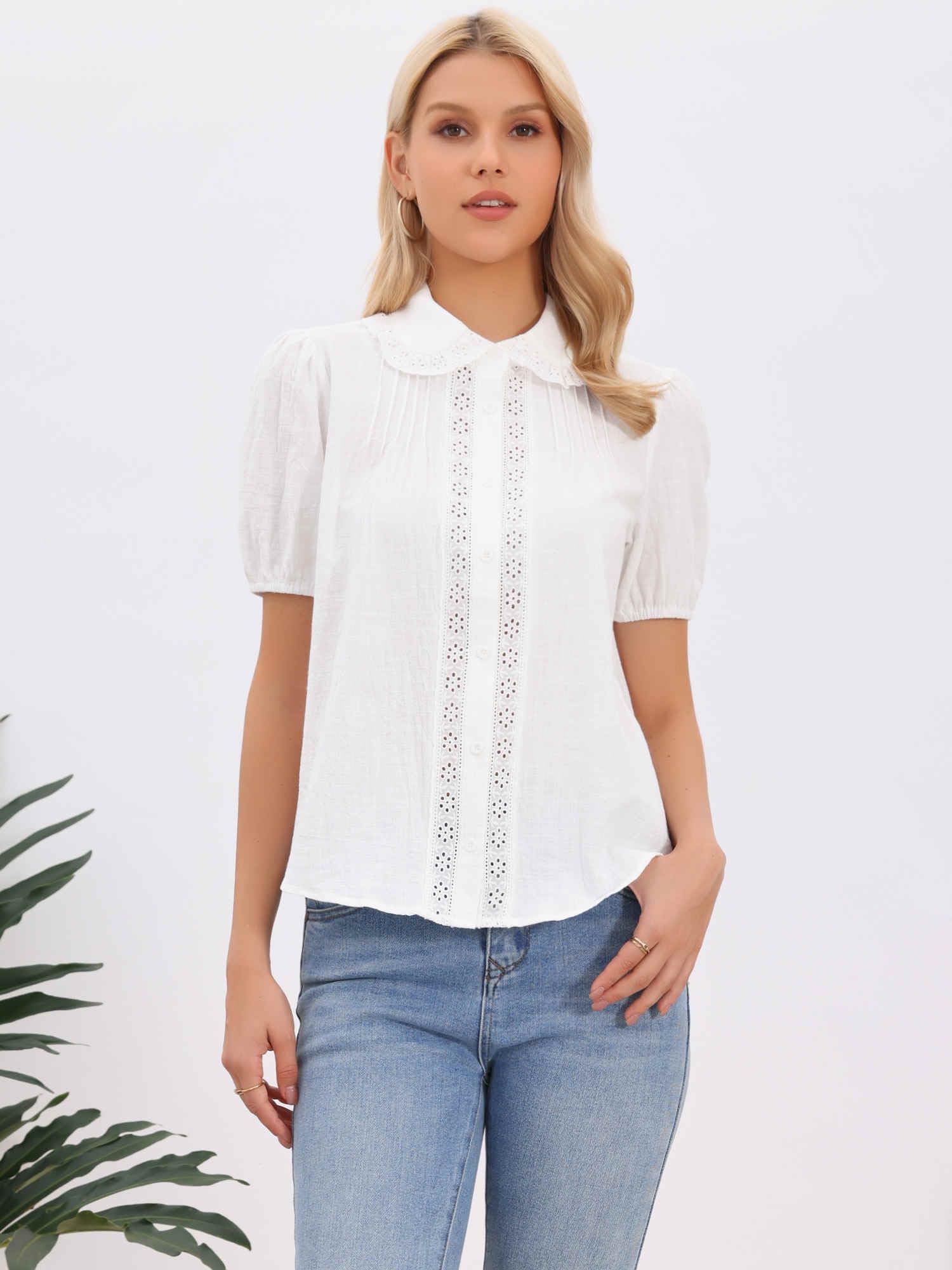 Allegra K Camicetta da donna in cotone con colletto alla Peter Pan a maniche corte | Design del pannello all'uncinAdatto per primavera, estate, autunno, casual, picnic, lavoro, appuntamenti, all'aperto