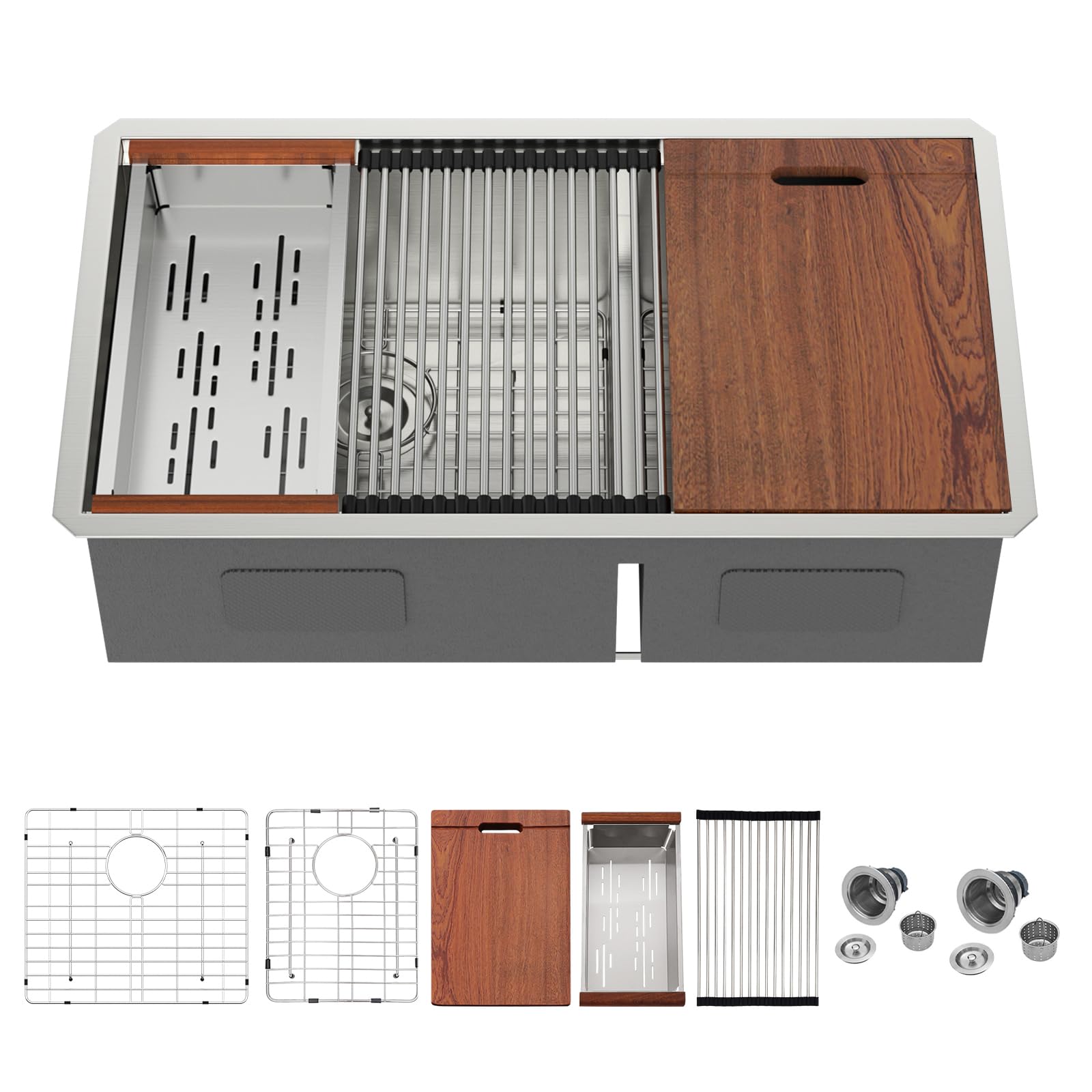 Mocoloo Double Bowl Kitchen Sinks - 60/40 Undermount Double Bowl 16 Gauge Low Divide Workstation 33 x 19 Inch Stainless Steel Kitchen Sink Handmade, 10'' Deep Basin