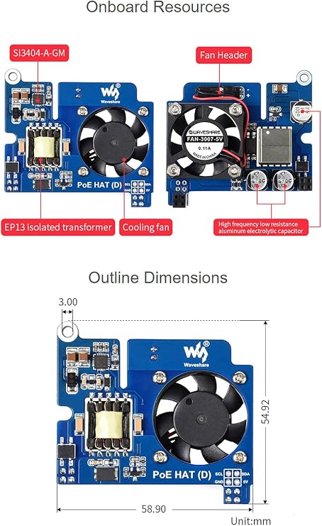 Power Over Ethernet HAT POE Type D for Raspberry Pi 3B+/4B, 802.3af-Compliant, Fits Raspberry Pi Official Case