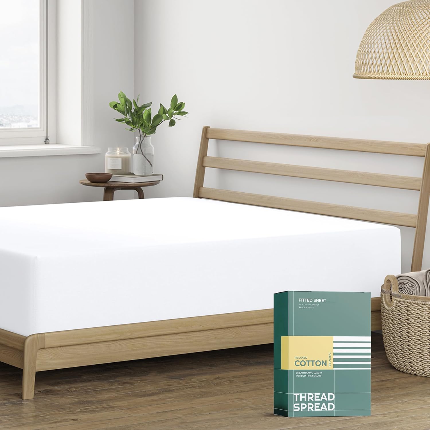 THREAD SPREAD 100% Organic Cotton Percale Weave Fitted Sheet Queen Size, White, 1 Deep Pocket Queen Fitted Sheet, Fits Mattress Upto 16" Crisp and Cool Bed Linen, Luxury GOTS Certified Sheets - Thumbnail 2