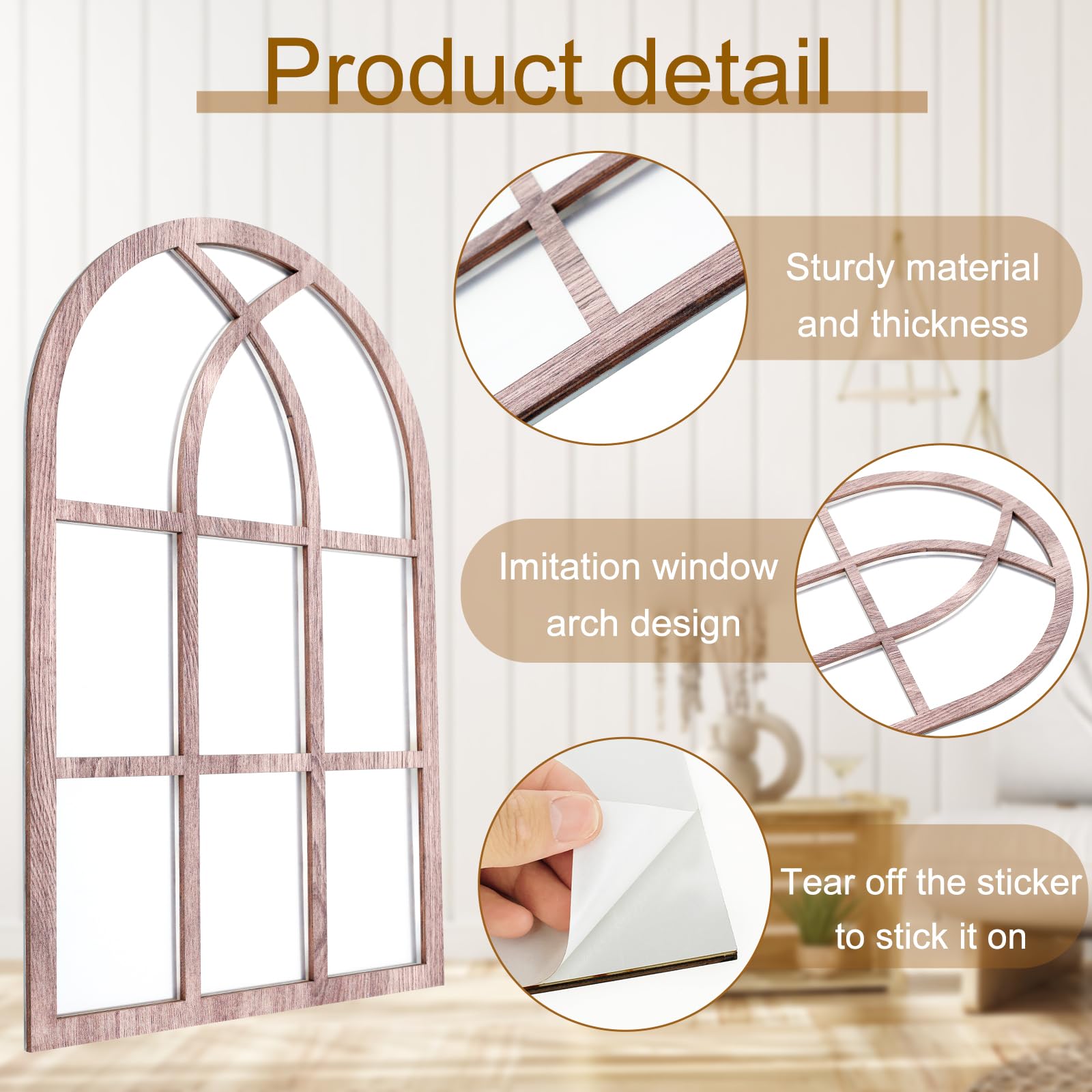 Set Di 2 Specchi Ad Arco Vintage In Acrilico Con Cornice In Legno - Autoadesivi, 27x42 Cm, Decorazione Parete Stile Finestra